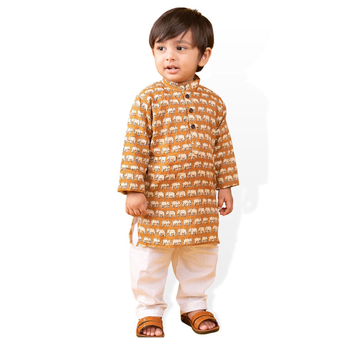 Baby Moo x Kurta Co. Traditional Ethnic Breathable Cotton Kurta Pajama Set with Enchanting Kantha Elephant Print - Mustard