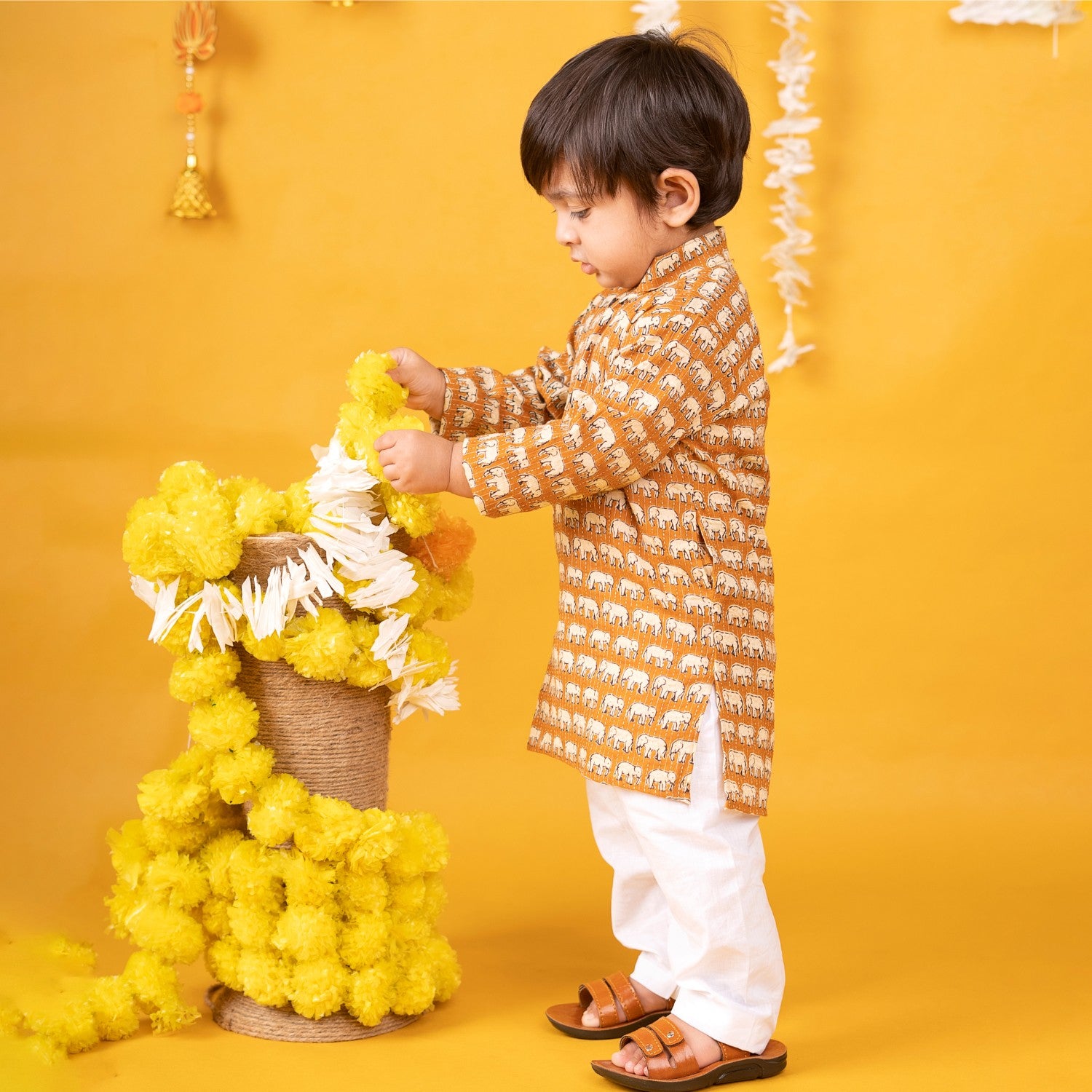 Baby Moo x Kurta Co. Traditional Ethnic Breathable Cotton Kurta Pajama Set with Enchanting Kantha Elephant Print - Mustard