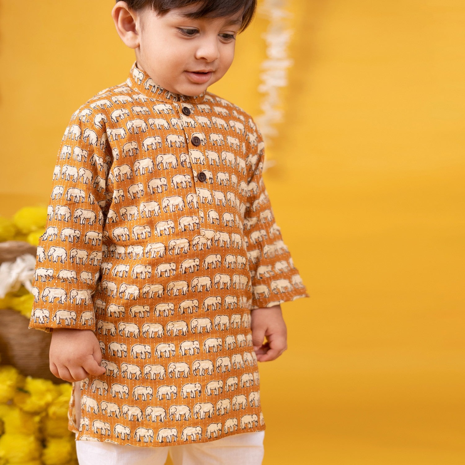 Baby Moo x Kurta Co. Traditional Ethnic Breathable Cotton Kurta Pajama Set with Enchanting Kantha Elephant Print - Mustard