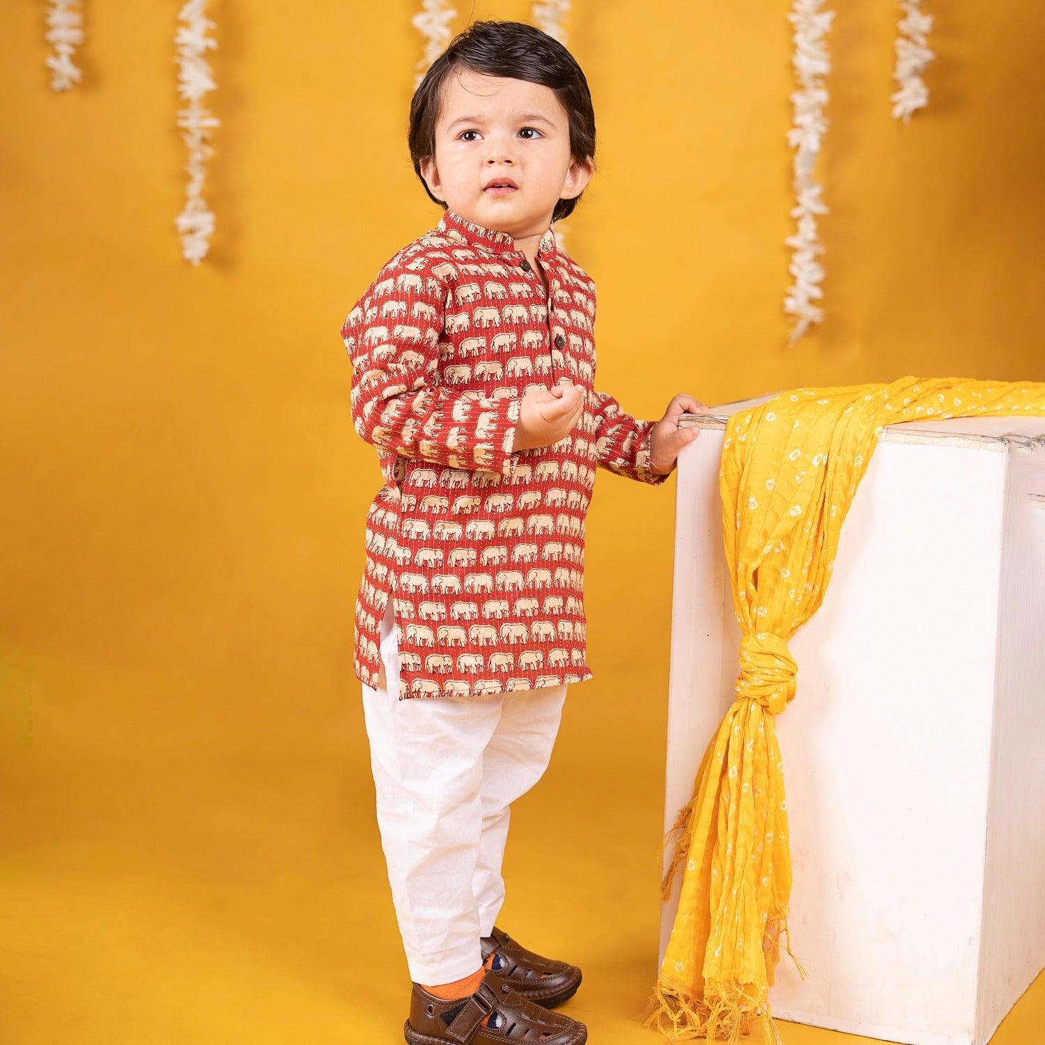 Baby Moo x Kurta Co. Traditional Ethnic Breathable Cotton Kurta Pajama Set with Enchanting Kantha Elephant Print - Red