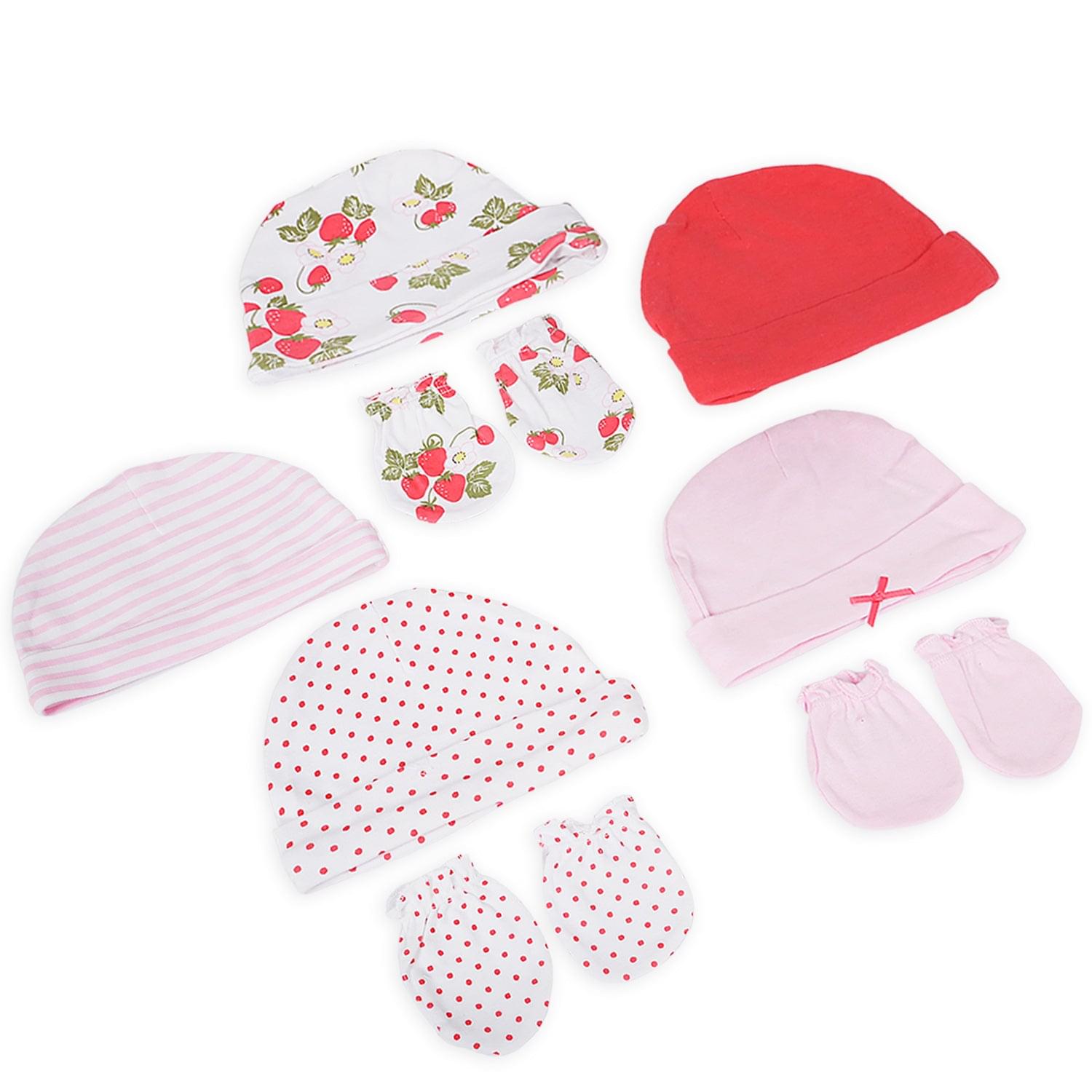 5 Caps And 3 Pair Mittens Gift Set Polka Dots Pink Red White - Baby Moo