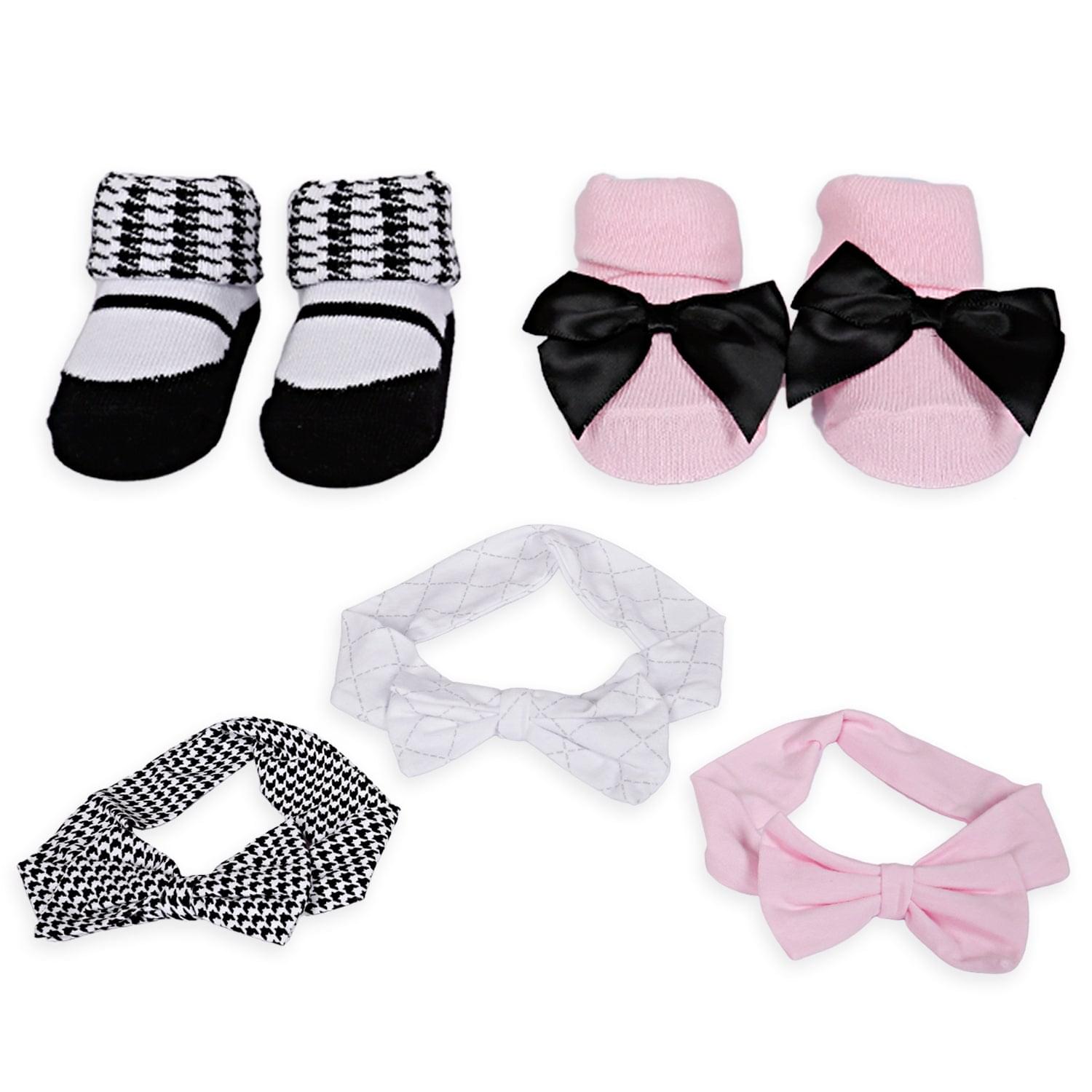 3 Headbands And 2 Pair Socks Gift Set Houndstooth Pink White - Baby Moo