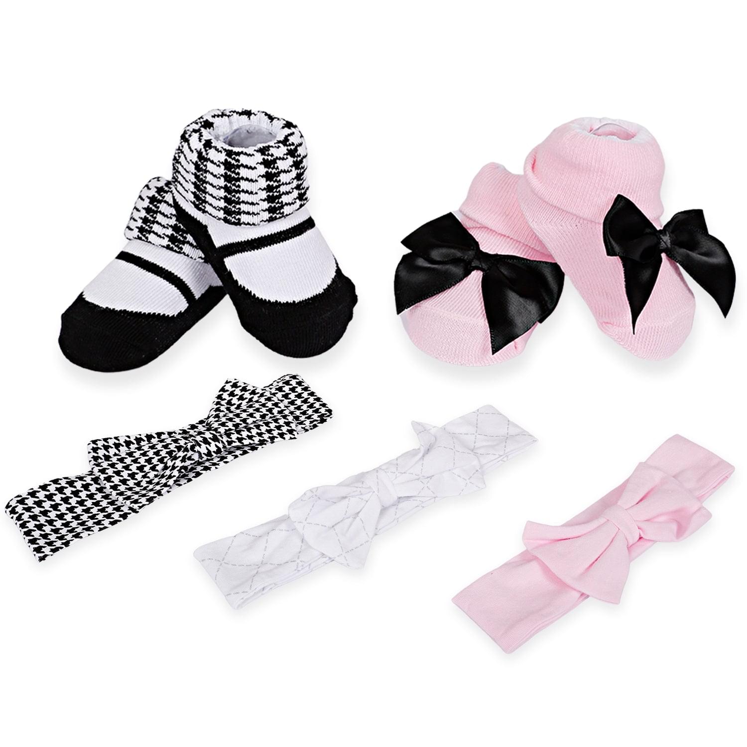 3 Headbands And 2 Pair Socks Gift Set Houndstooth Pink White - Baby Moo