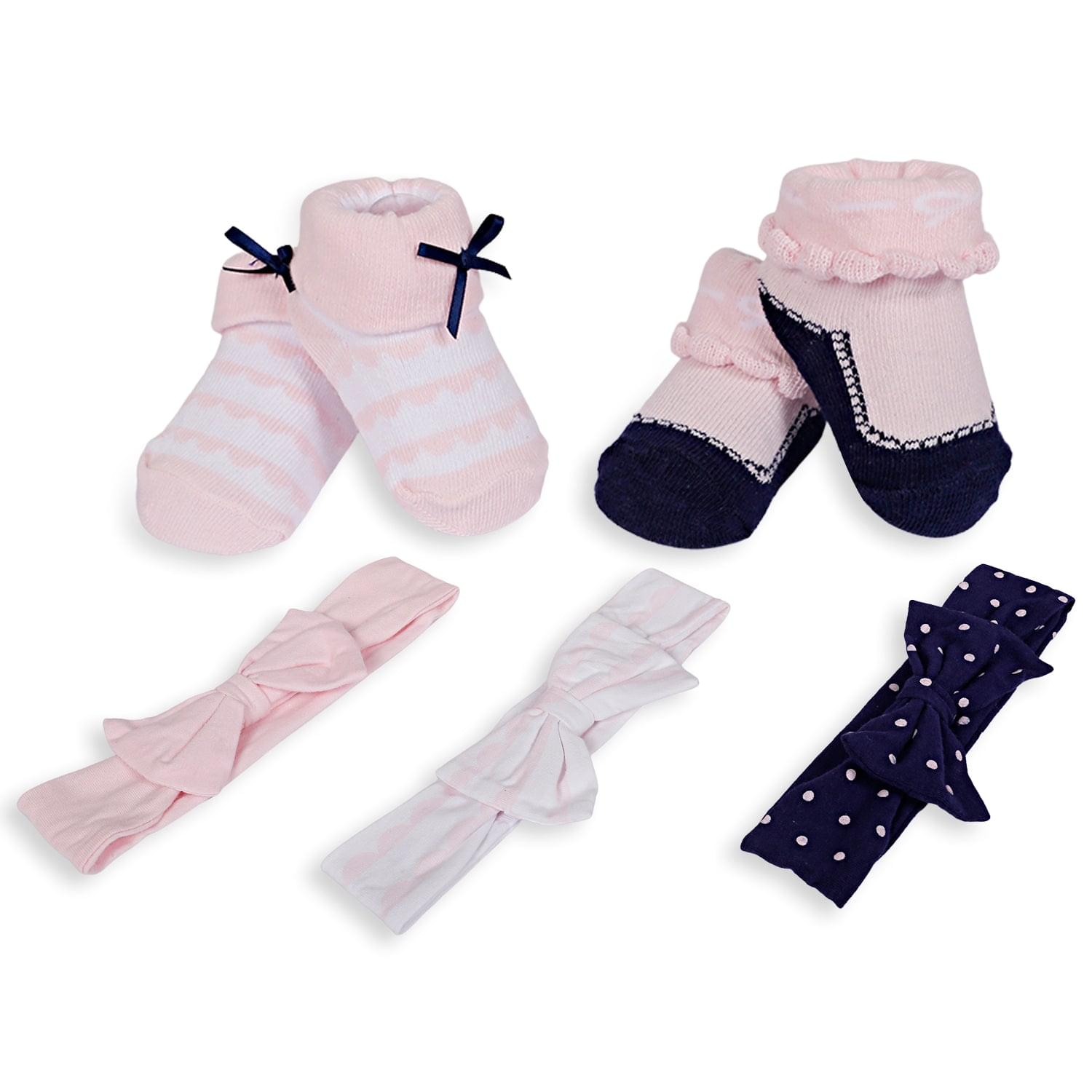 3 Headbands And 2 Pair Socks Gift Set Polka Dots Bows Pink - Baby Moo