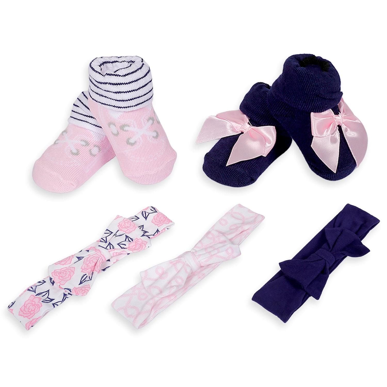 3 Headbands And 2 Pair Socks Gift Set Floral Pink And Blue - Baby Moo