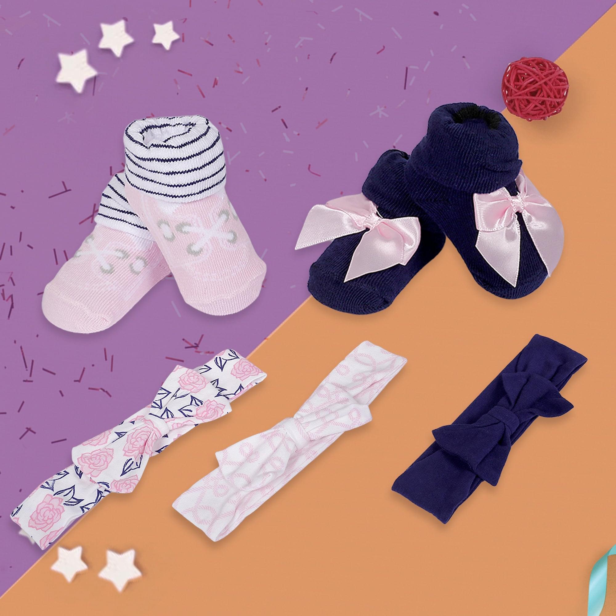 3 Headbands And 2 Pair Socks Gift Set Floral Pink And Blue - Baby Moo