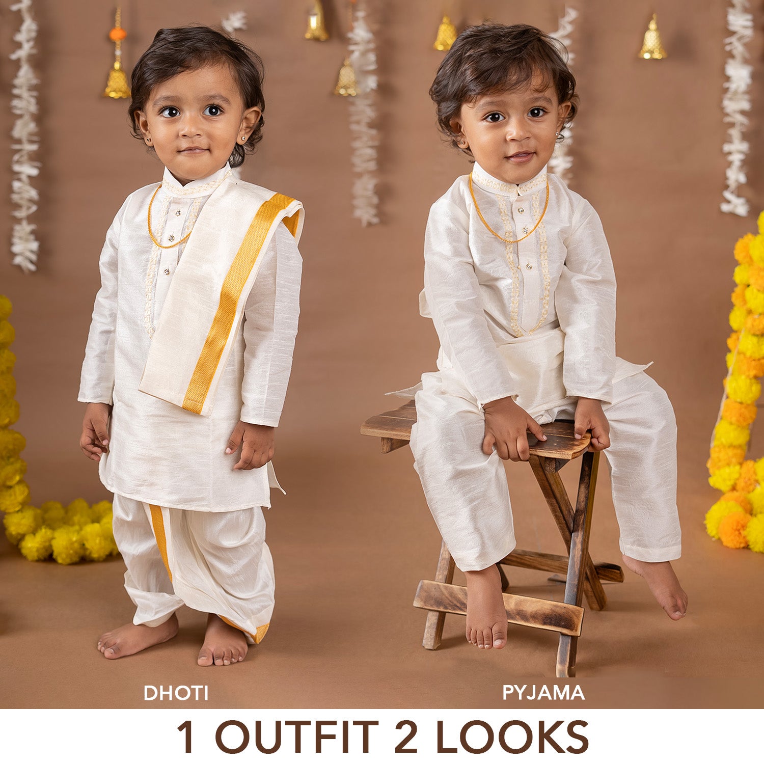 Baby Moo x Kurta Co. Traditional Dhoti Khandwa Kurta Set | Soft Banaras Silk With Gold Border | Premium Plastic Gift Box 6pcs - Cream
