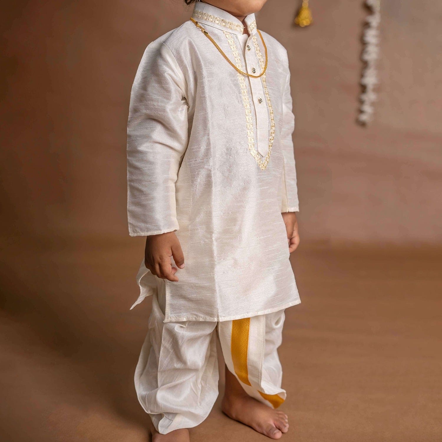 Baby Moo x Kurta Co. Traditional Dhoti Khandwa Kurta Set | Soft Banaras Silk With Gold Border | Premium Plastic Gift Box 6pcs - Cream