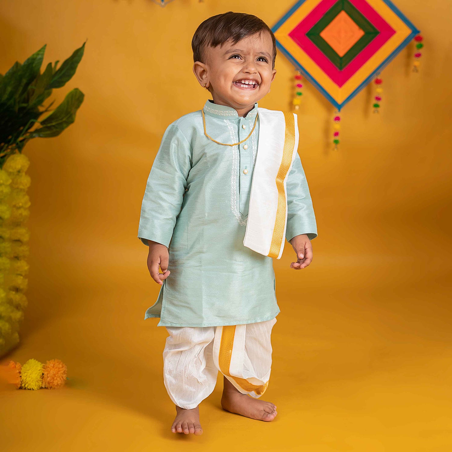 Baby Moo x Kurta Co. Traditional Dhoti Khandwa Kurta Set | Soft Banaras Silk With Gold Border | Premium Plastic Gift Box 6pcs - Mint Green