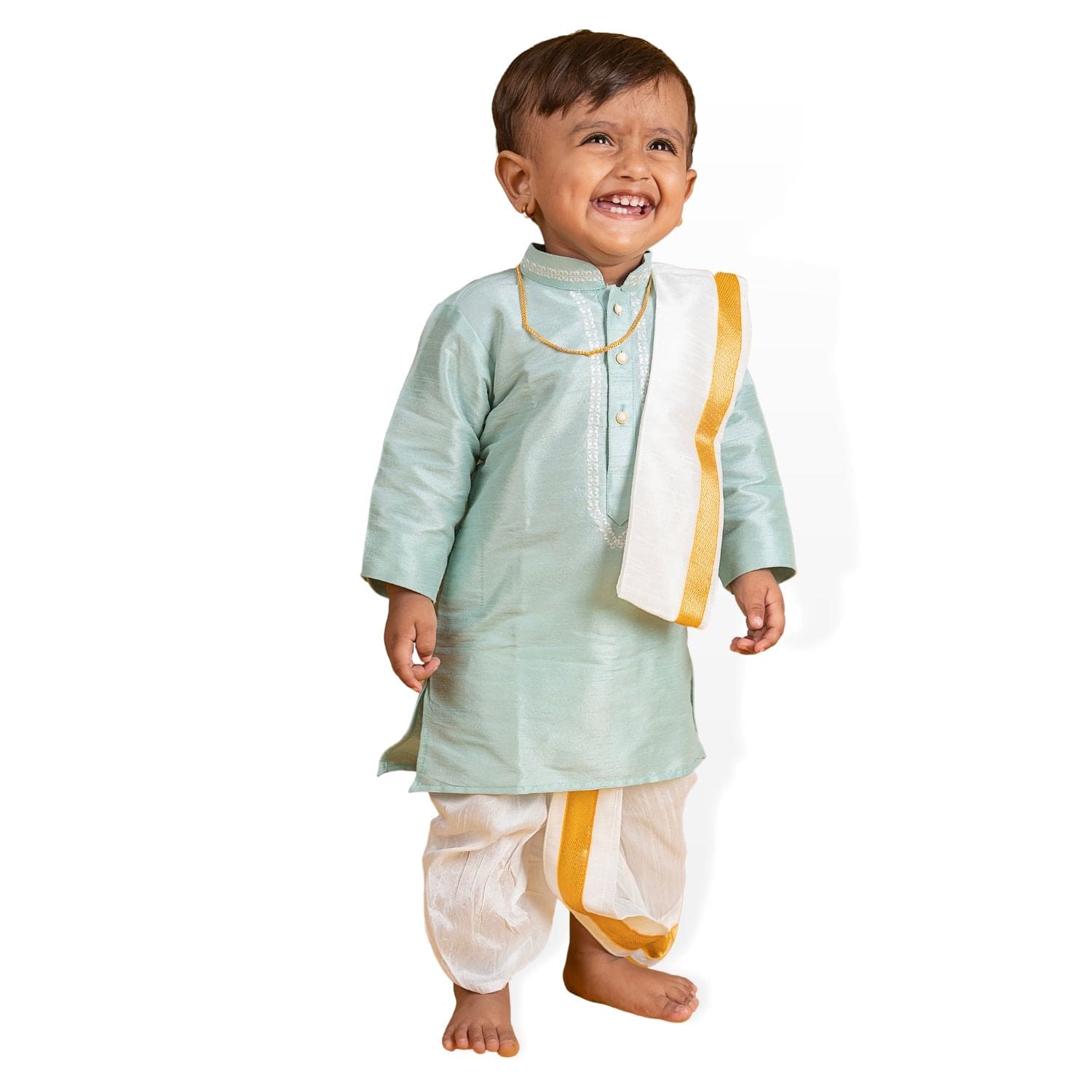 Baby Moo x Kurta Co. Traditional Dhoti Khandwa Kurta Set | Soft Banaras Silk With Gold Border | Premium Plastic Gift Box 6pcs - Mint Green