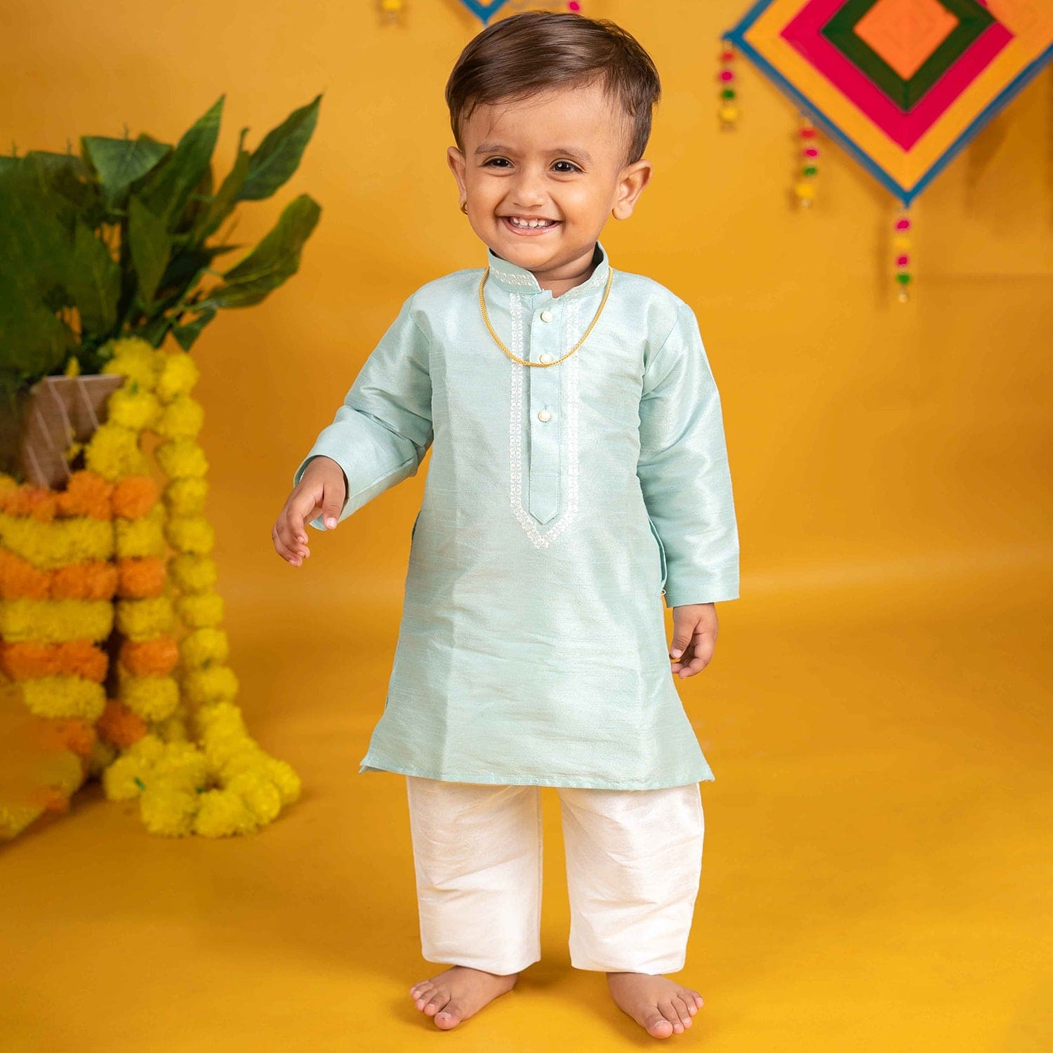 Baby Moo x Kurta Co. Traditional Dhoti Khandwa Kurta Set | Soft Banaras Silk With Gold Border | Premium Plastic Gift Box 6pcs - Mint Green