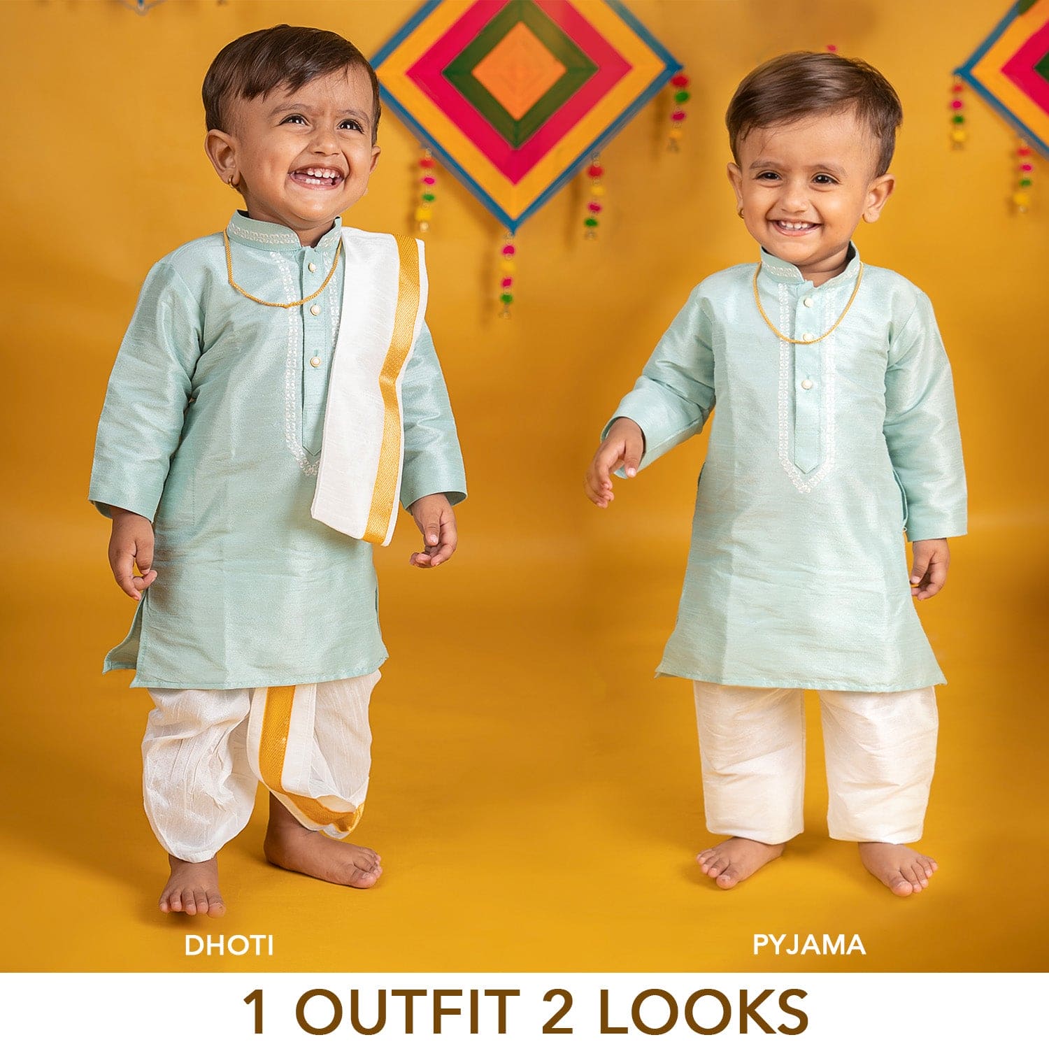 Baby Moo x Kurta Co. Traditional Dhoti Khandwa Kurta Set | Soft Banaras Silk With Gold Border | Premium Plastic Gift Box 6pcs - Mint Green