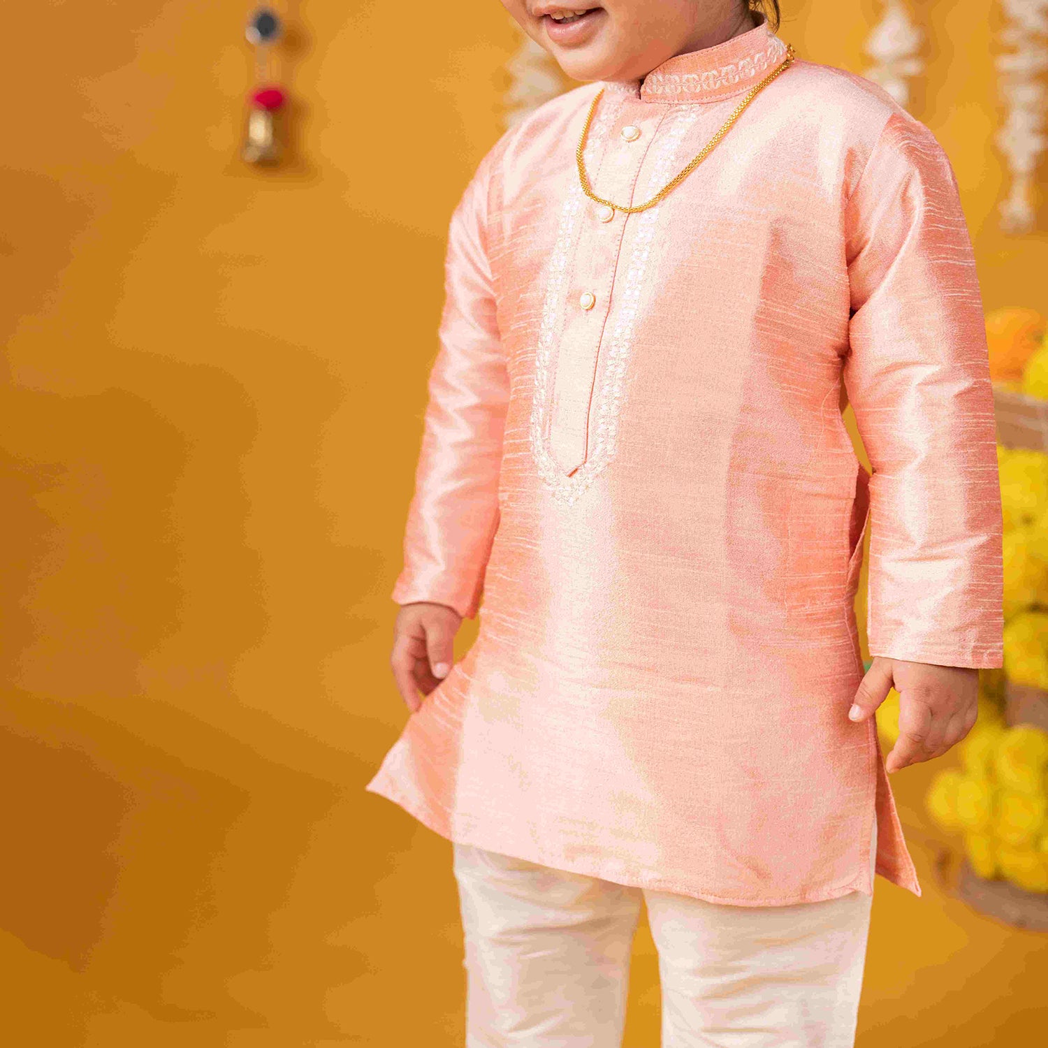 Baby Moo x Kurta Co. Traditional Dhoti Khandwa Kurta Set | Soft Banaras Silk With Gold Border | Premium Plastic Gift Box 6pcs - Peach