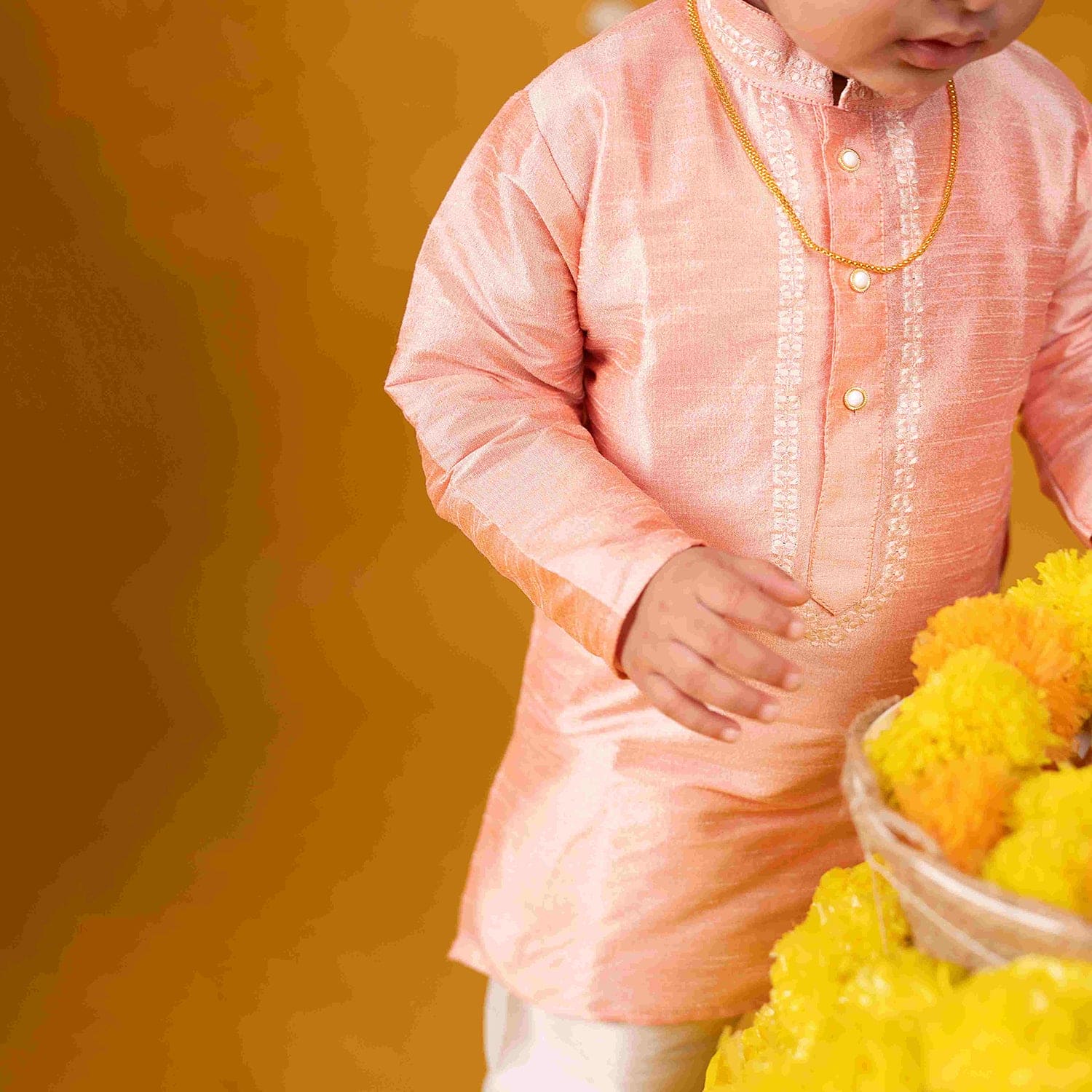 Baby Moo x Kurta Co. Traditional Dhoti Khandwa Kurta Set | Soft Banaras Silk With Gold Border | Premium Plastic Gift Box 6pcs - Peach