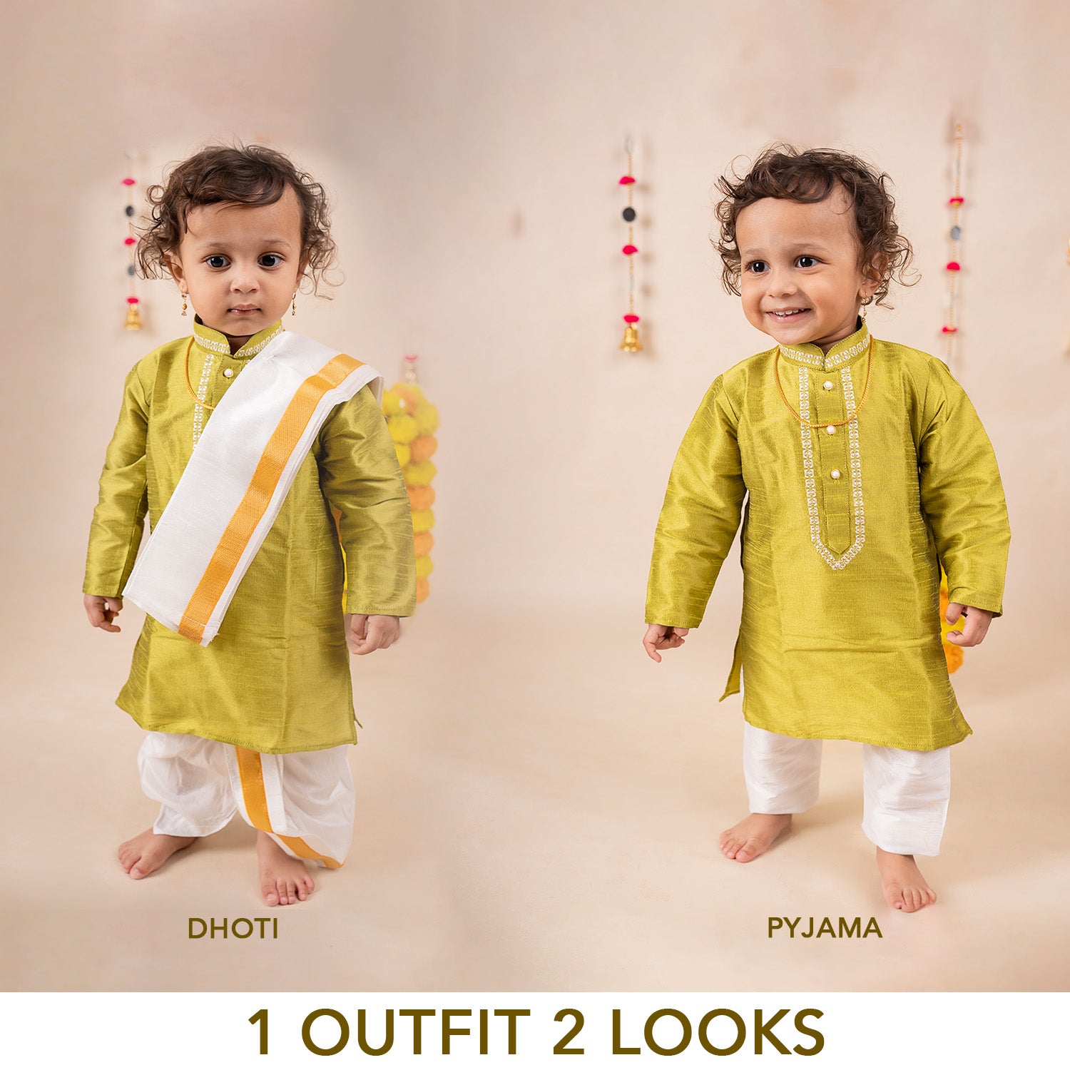 Baby Moo x Kurta Co. Traditional Dhoti Khandwa Kurta Set | Soft Banaras Silk With Gold Border | Premium Plastic Gift Box 6pcs - Green