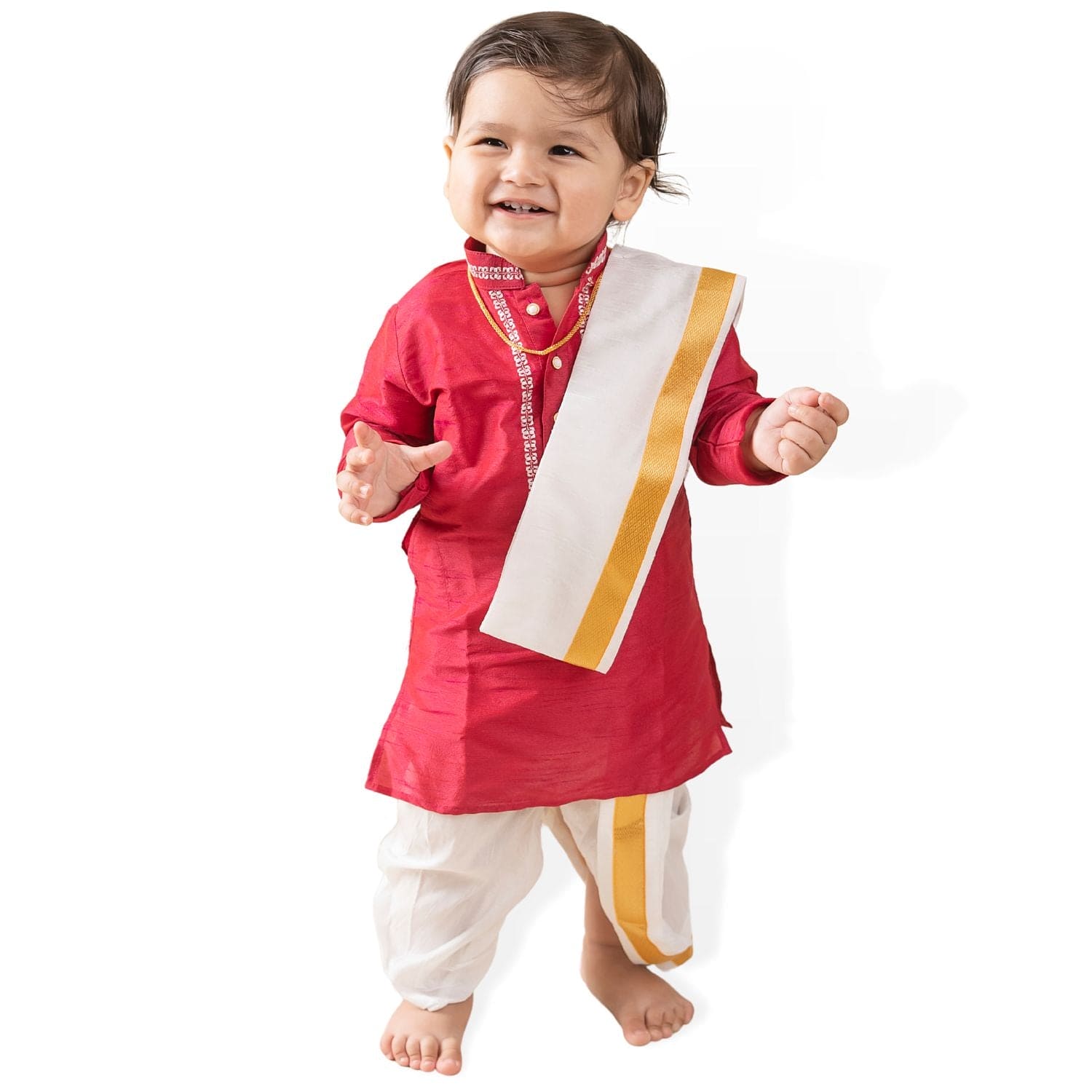 Baby Moo x Kurta Co. Traditional Dhoti Khandwa Kurta Set | Soft Banaras Silk With Gold Border | Premium Plastic Gift Box 6pcs - Red