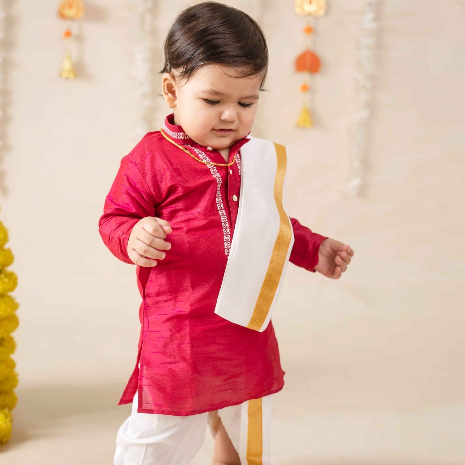 Baby Moo x Kurta Co. Traditional Dhoti Khandwa Kurta Set | Soft Banaras Silk With Gold Border | Premium Plastic Gift Box 6pcs - Red
