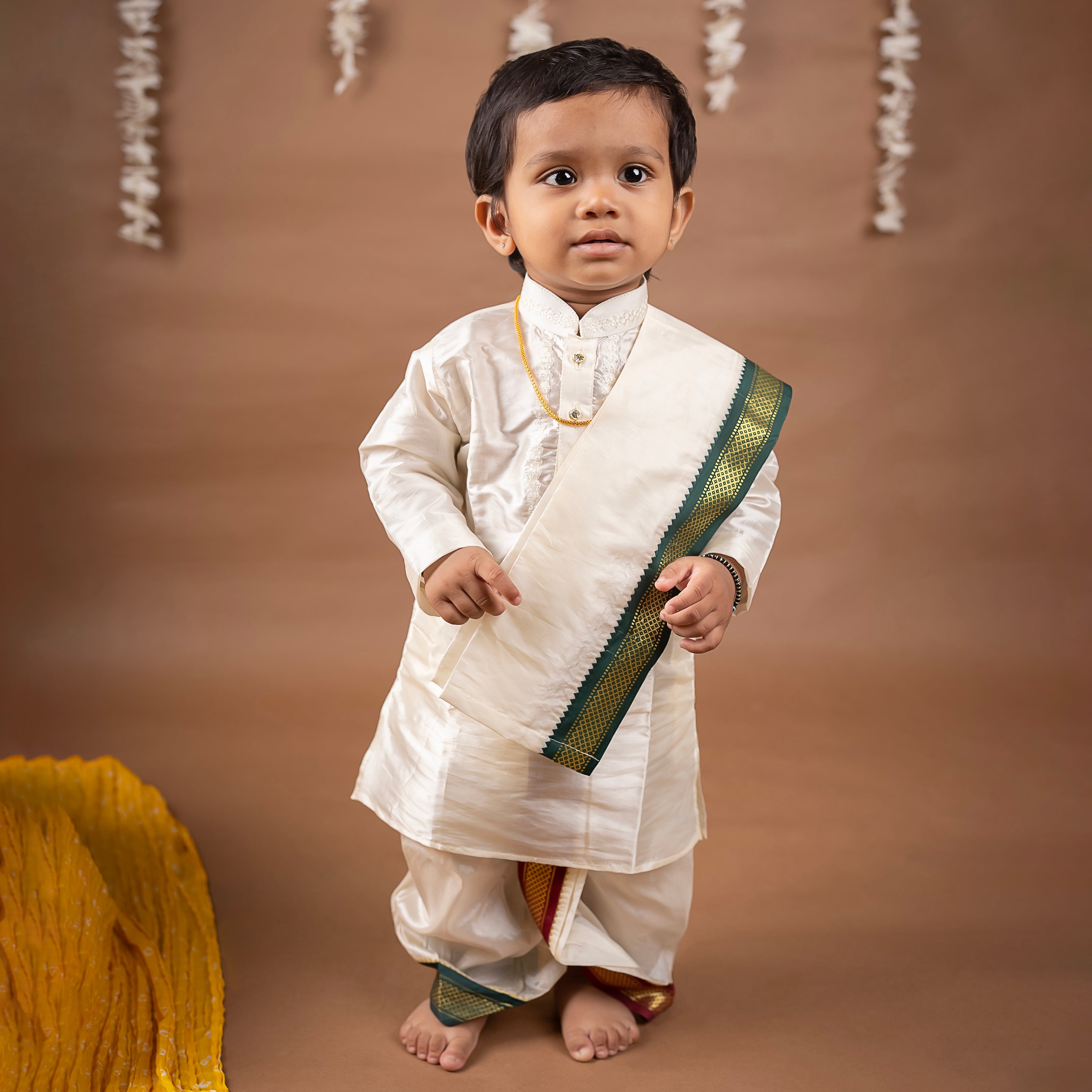 Baby Moo x Kurta Co. Traditional Dhoti Khandwa Kurta Set | Pure Pattu Silk With MLA Border | Premium Plastic Gift Box 6pcs - Cream