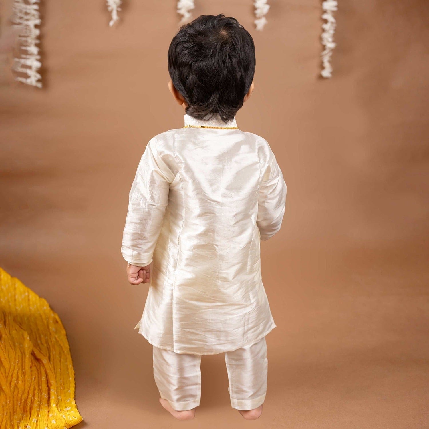 Baby Moo x Kurta Co. Traditional Dhoti Khandwa Kurta Set | Pure Pattu Silk With MLA Border | Premium Plastic Gift Box 6pcs - Cream