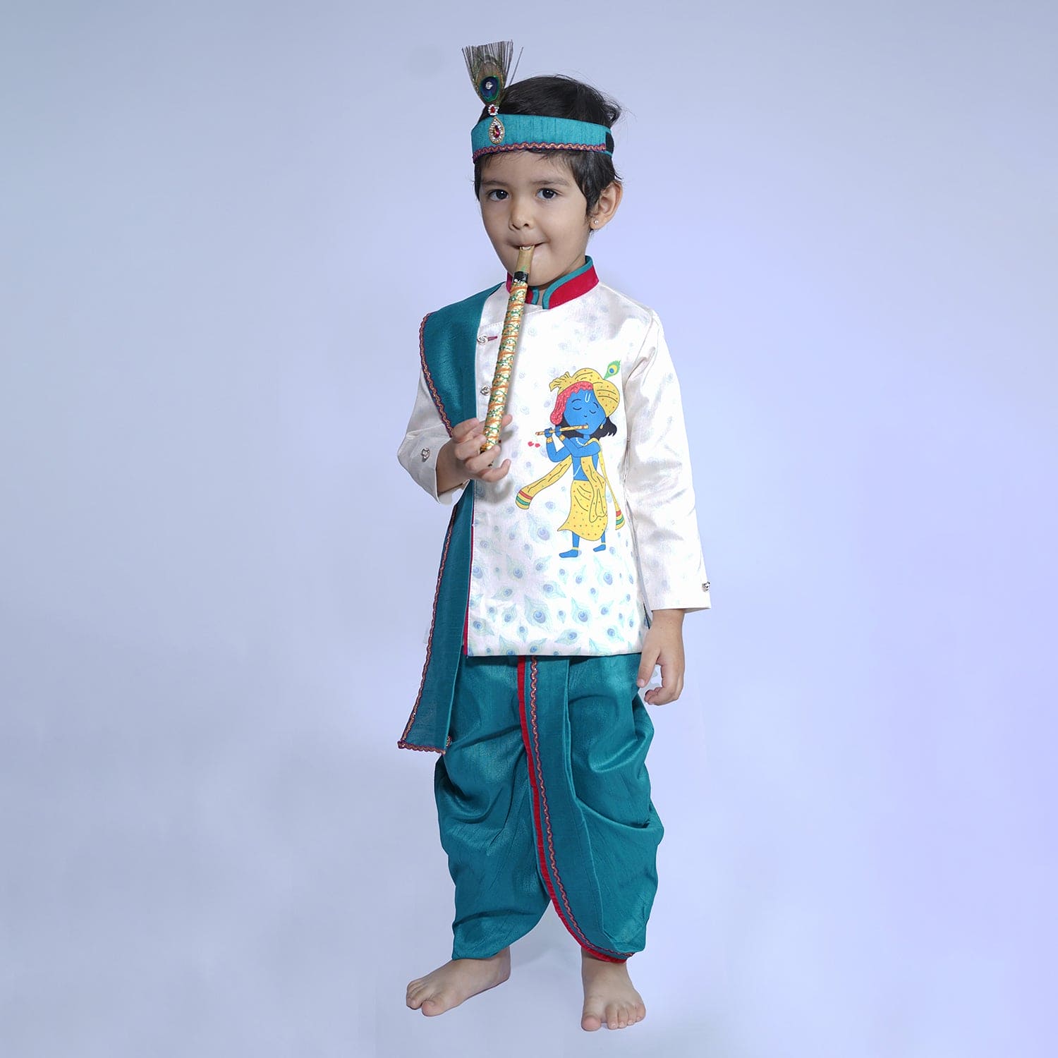 Baby Moo x Kurta Co. Krishna Digital Print Kurta Dhoti Set with Accessories - Premium Plastic Gift Box 5pcs Set - Blue