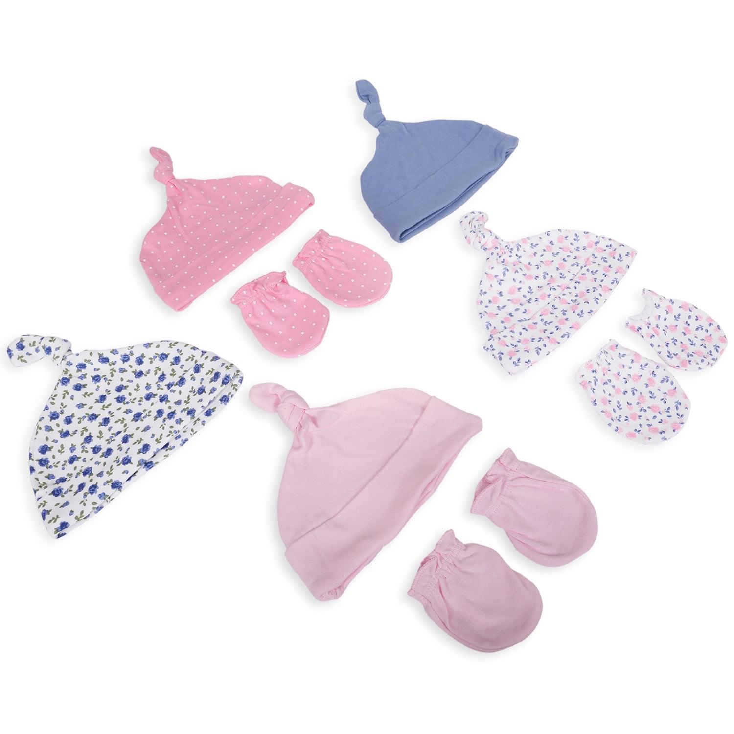 5 Caps And 3 Pair Mittens Floral And Polka Dots Pink Blue - Baby Moo