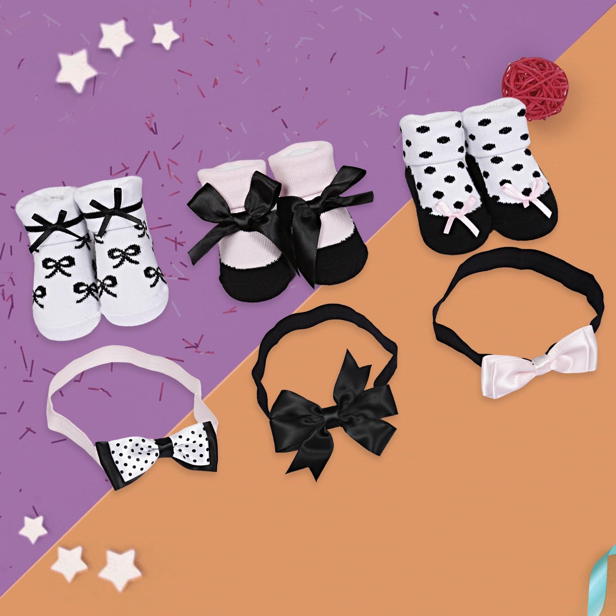 3 Headbands And 3 Pair Socks Gift Set Bows Black And White - Baby Moo
