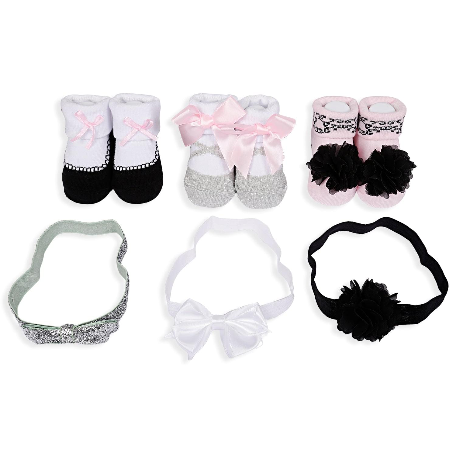 3 Headbands And 3 Pair Socks Gift Set Flower Bows Multicolour - Baby Moo