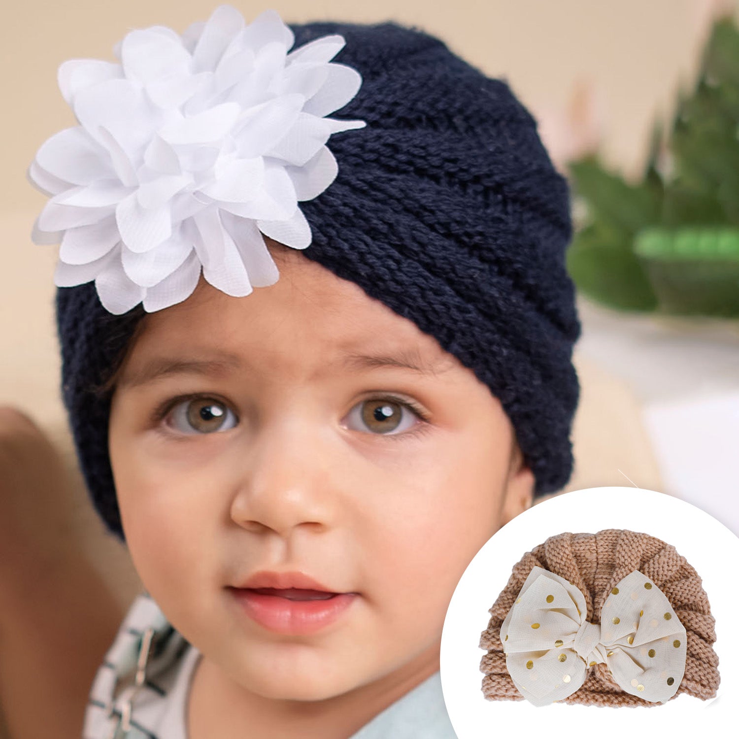 Baby Moo Partywear Sequence Bow 2 Pack Turban Caps - Brown And Navy Blue - Baby Moo