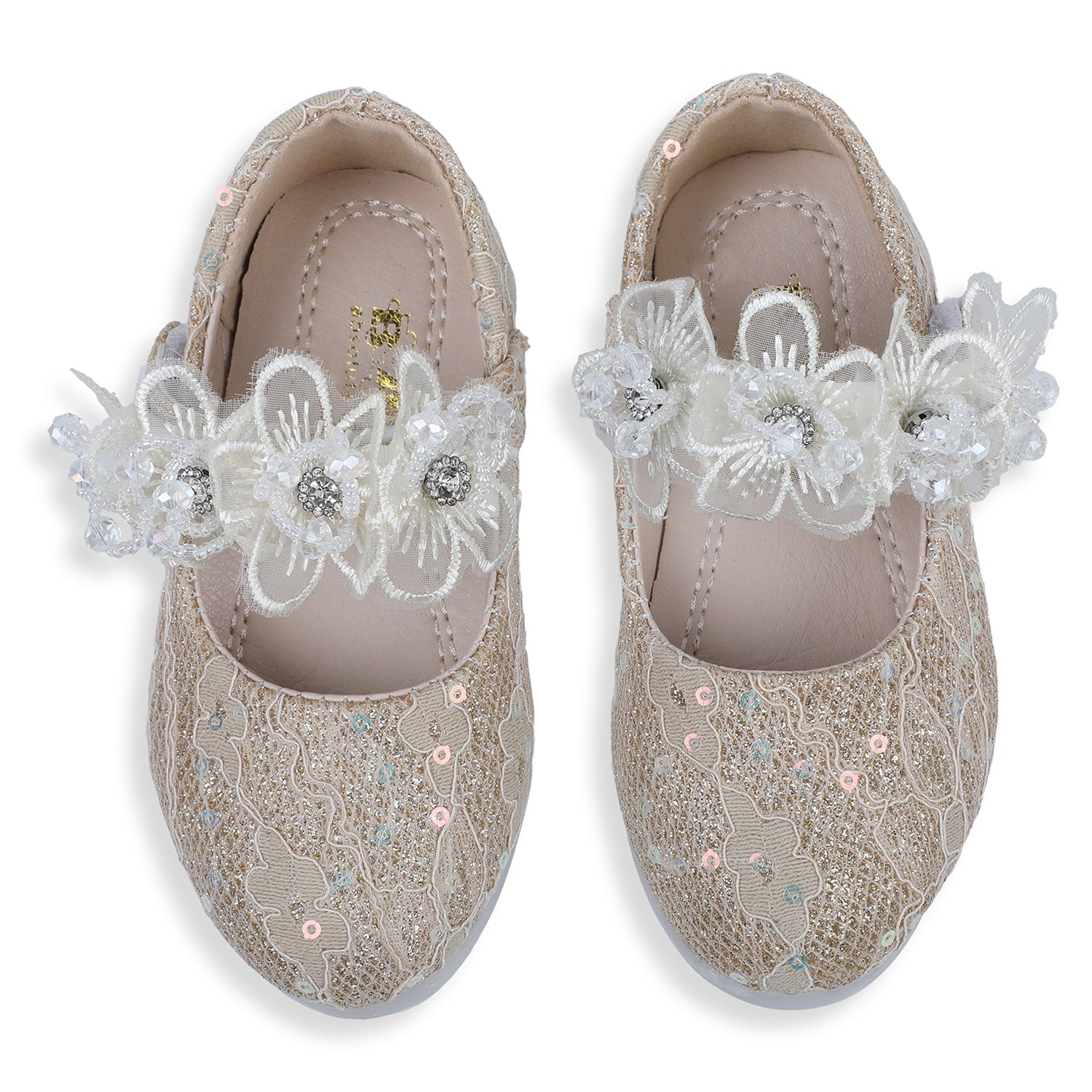 Baby Moo x Bash Kids Sequin And Floral Lace Mary Jane Ballerinas - Gold