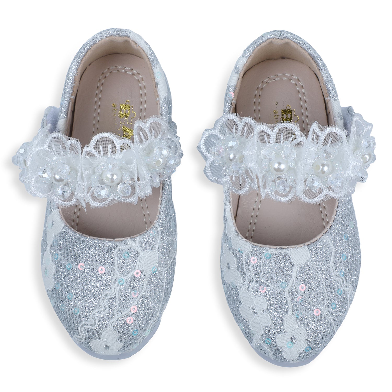 Baby Moo x Bash Kids Sequin And Floral Lace Mary Jane Ballerinas - Silver