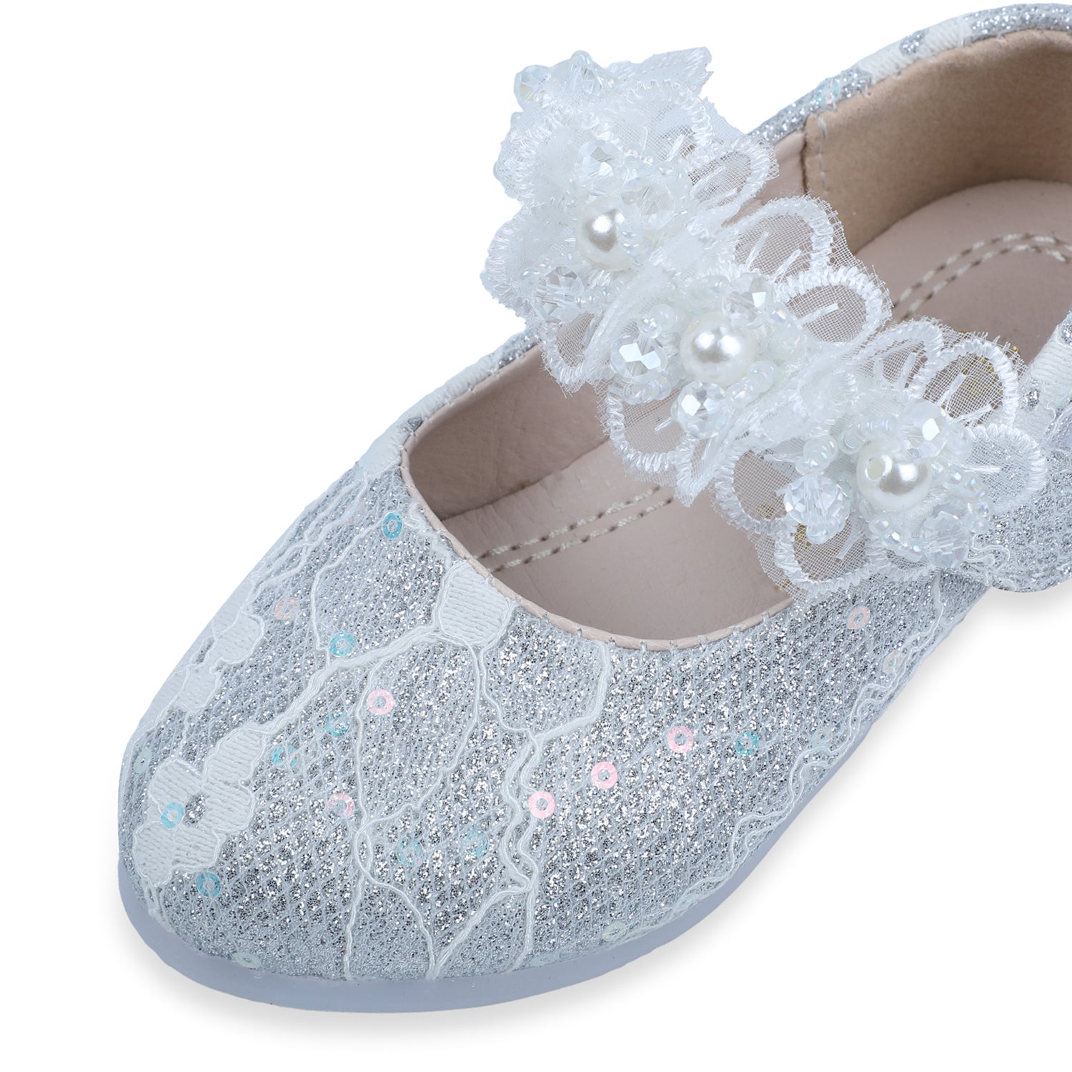 Baby Moo x Bash Kids Sequin And Floral Lace Mary Jane Ballerinas - Silver