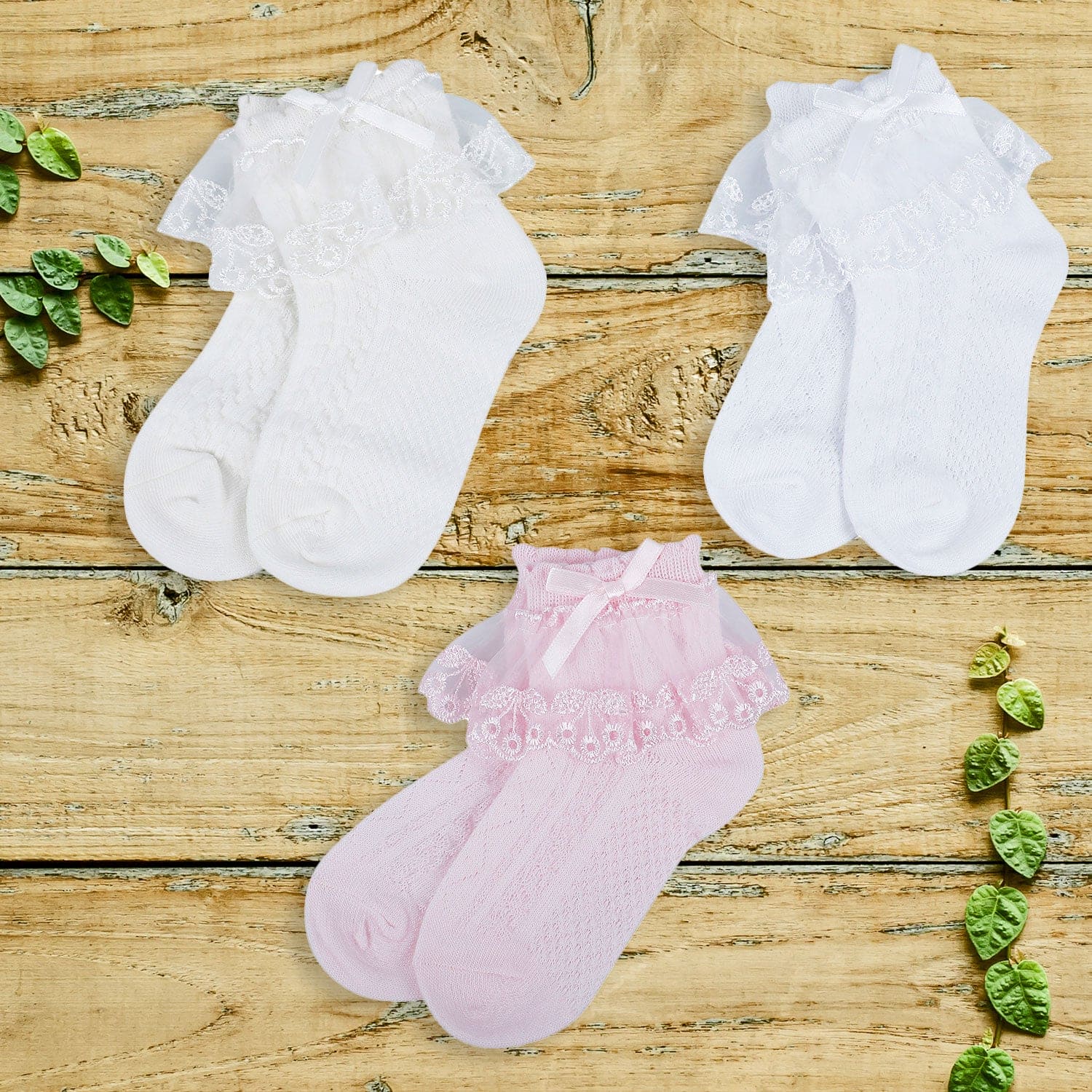 Baby Moo Lace Frill Soft Socks Pack of 3 - White, Pink