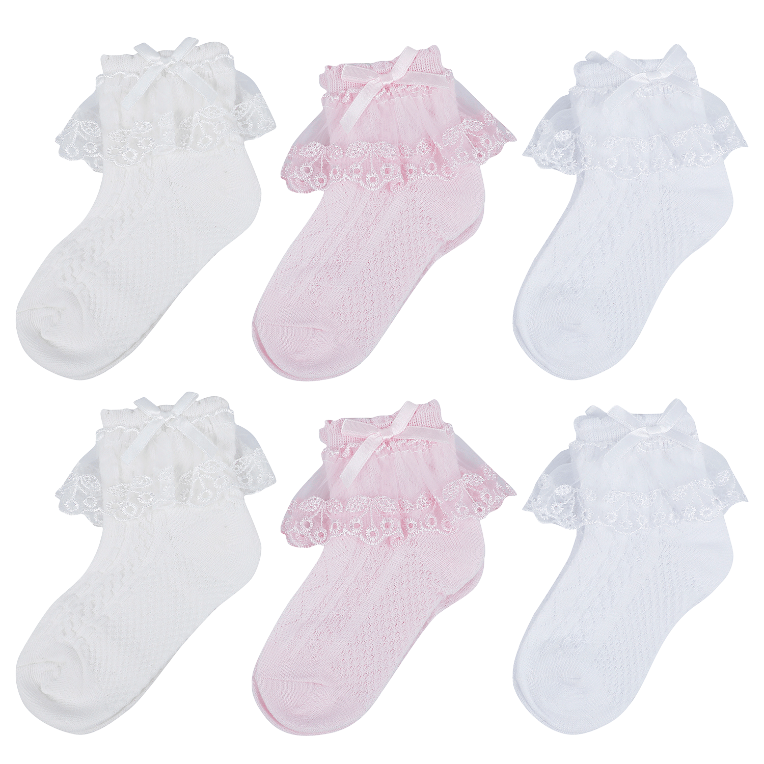 Baby Moo Lace Frill Soft Socks Pack of 6 - White, Pink