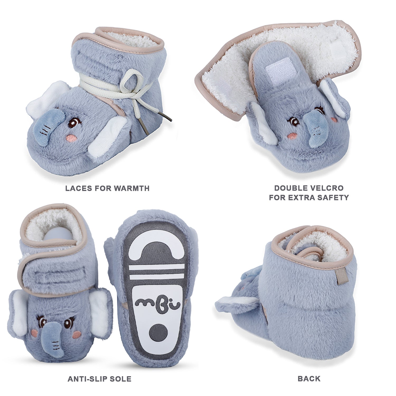 Baby Moo 3D Elephant Cozy Soft Velcro Furry Booties - Blue - Baby Moo