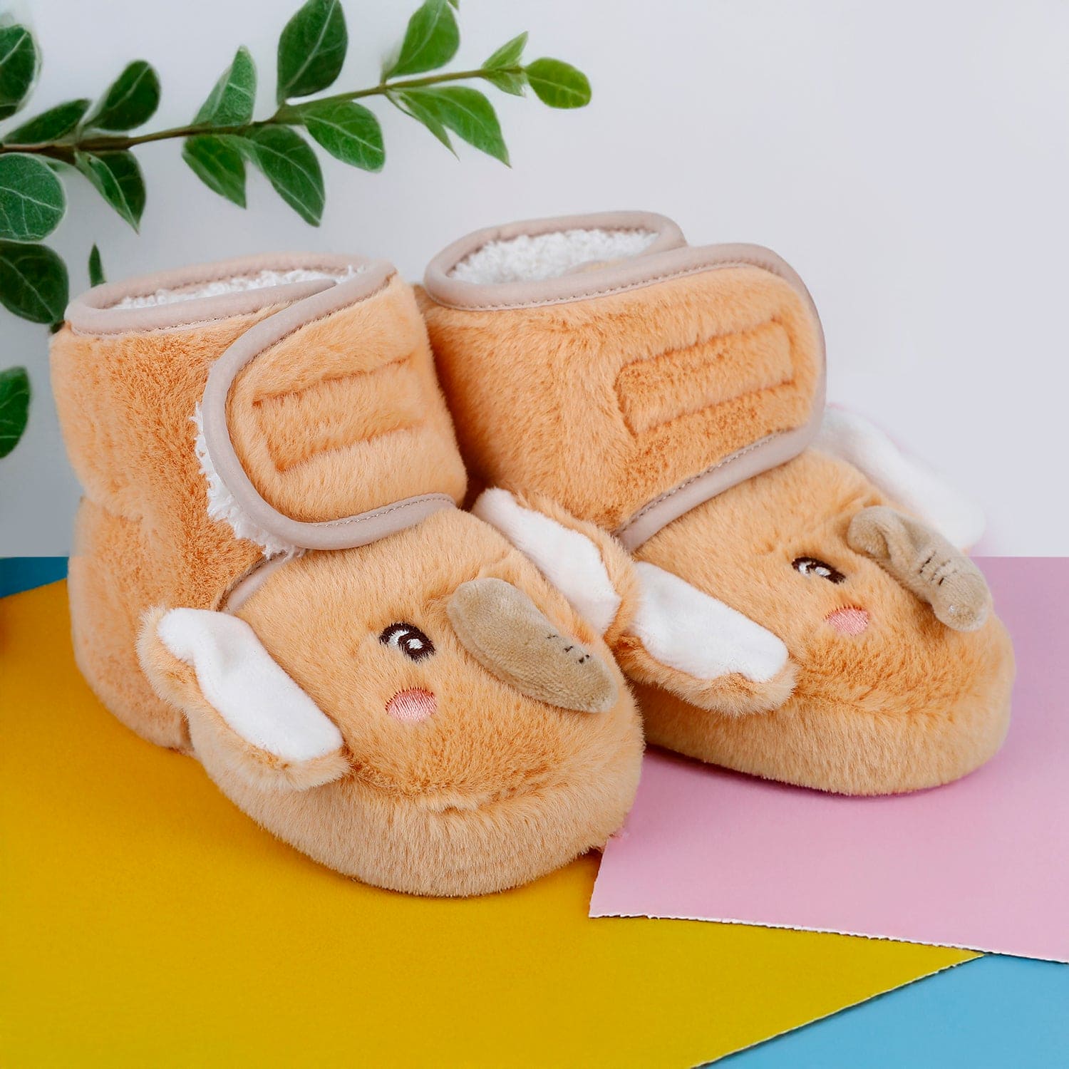 Baby Moo 3D Elephant Cozy Soft Velcro Furry Booties - Orange