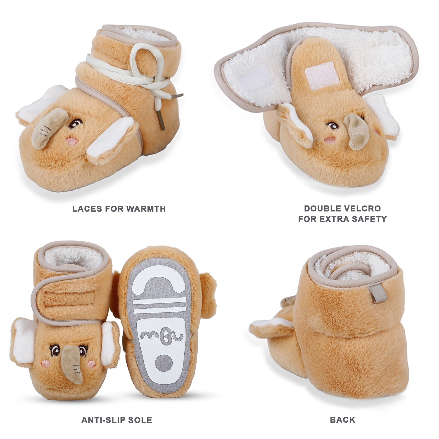 Baby Moo 3D Elephant Cozy Soft Velcro Furry Booties - Orange - Baby Moo