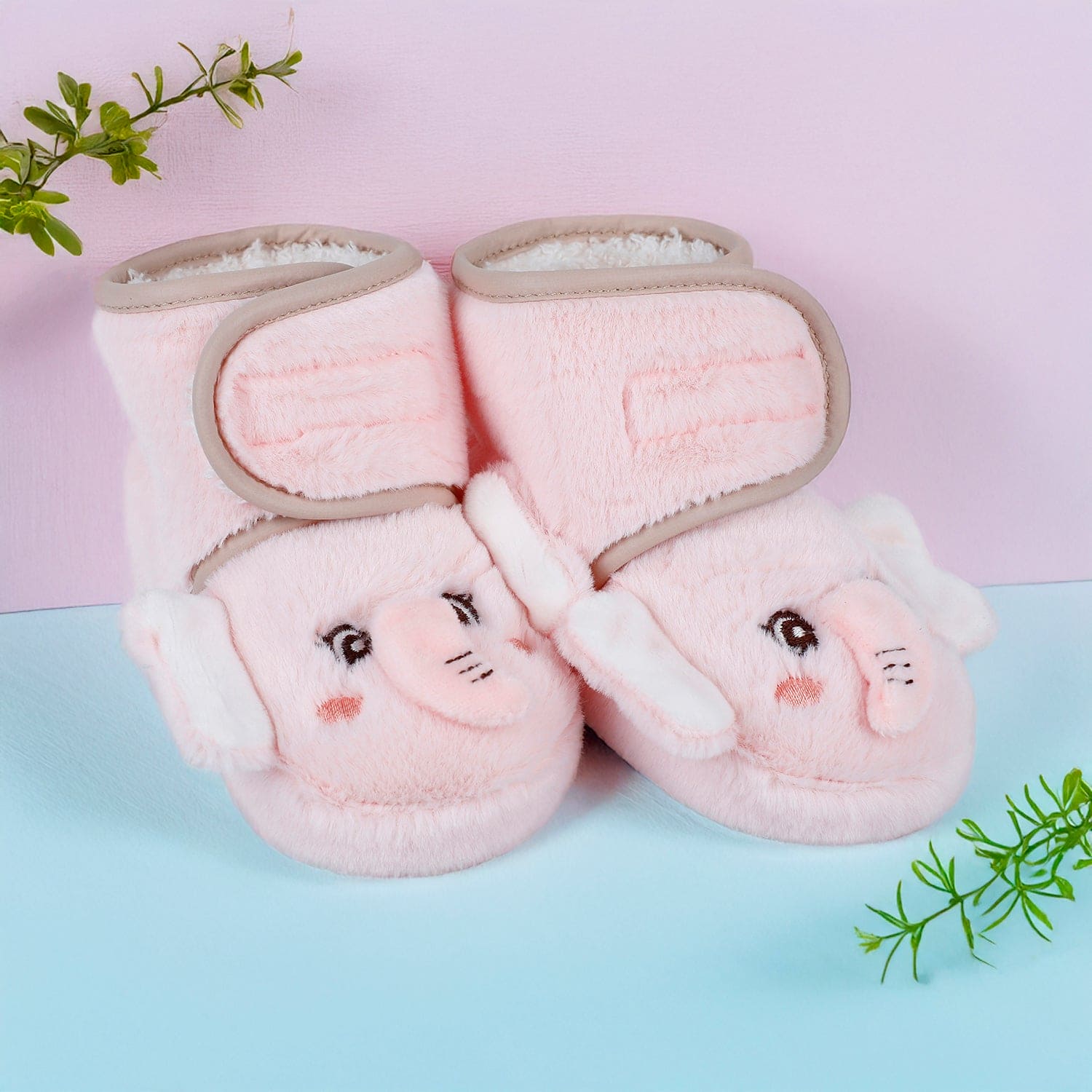 Baby Moo 3D Elephant Cozy Soft Velcro Furry Booties - Pink