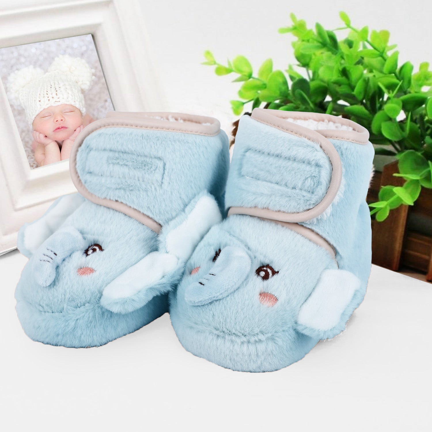 Baby Moo 3D Elephant Cozy Soft Velcro Furry Booties - Sky Blue - Baby Moo