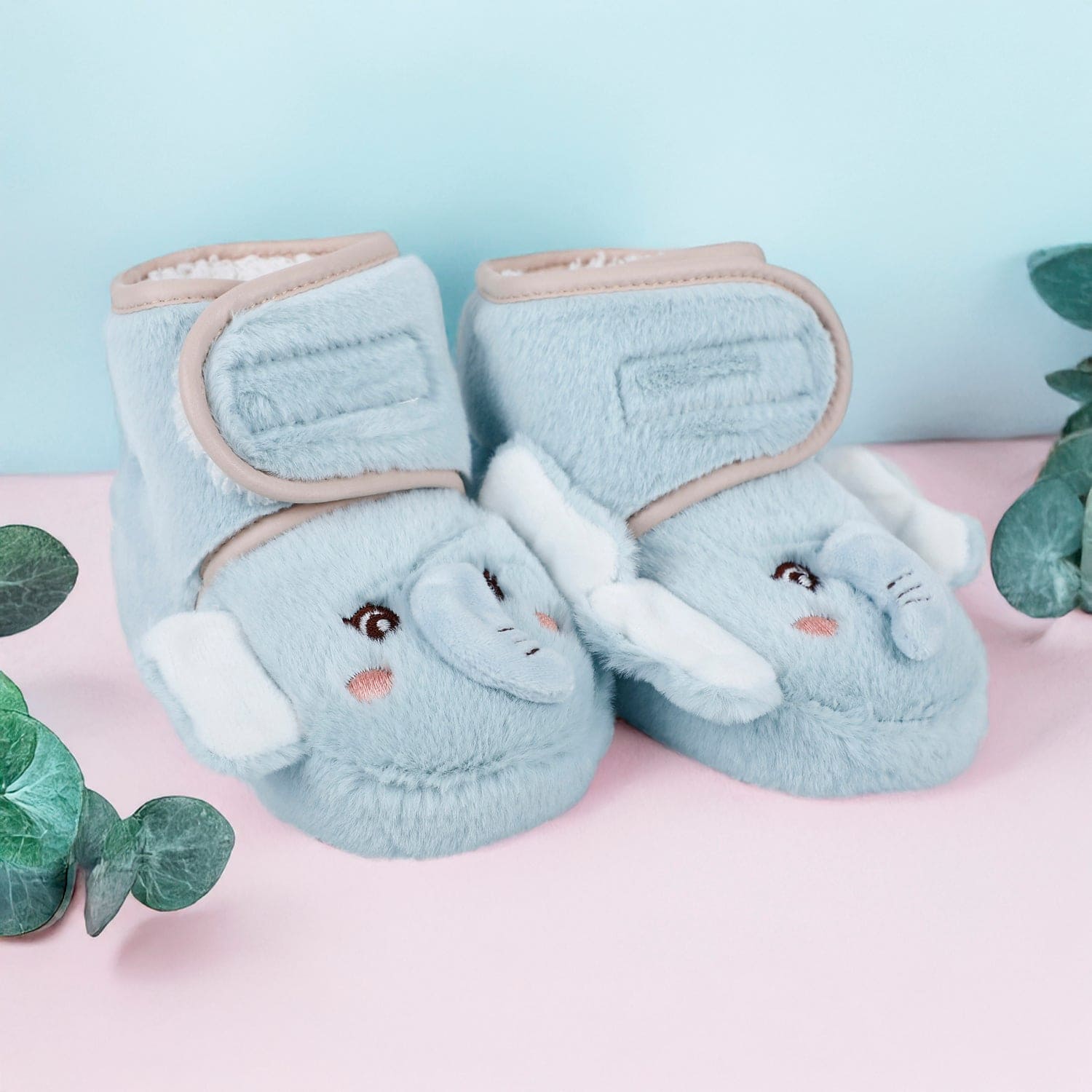Baby Moo 3D Elephant Cozy Soft Velcro Furry Booties - Sky Blue