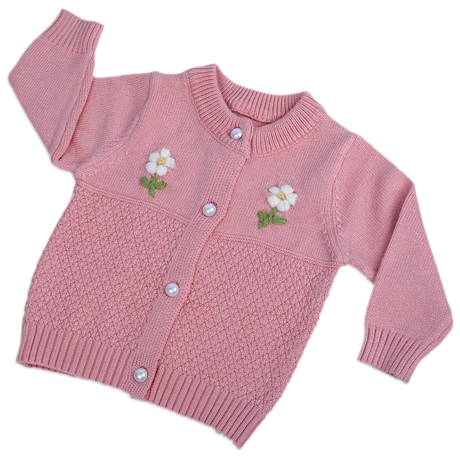 Floral Embroidery Premium Full Sleeves Knitted Sweater - Pink