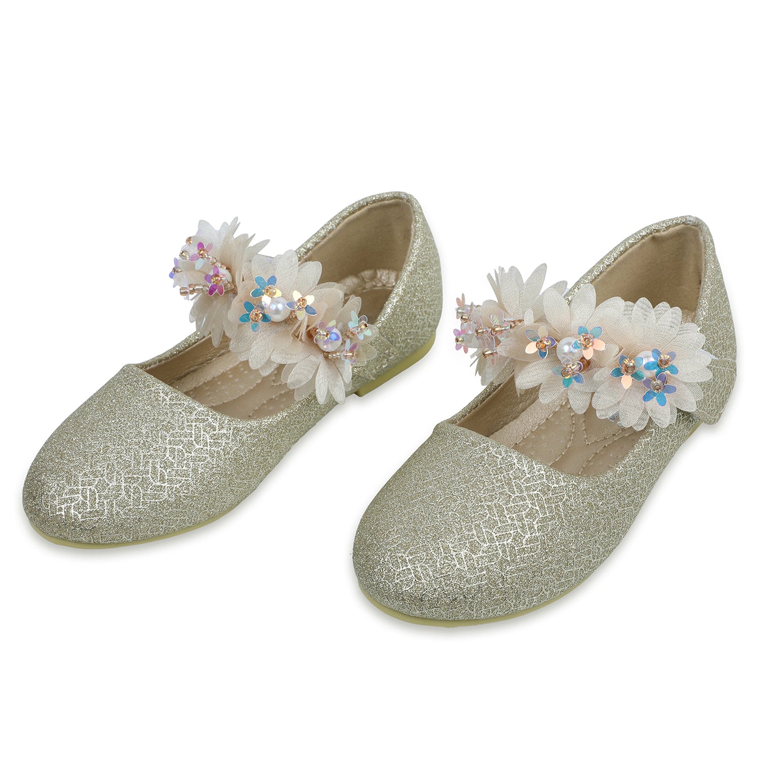 Baby Moo x Bash Kids Shiny Floral Applique Mary Jane Ballerinas - Gold