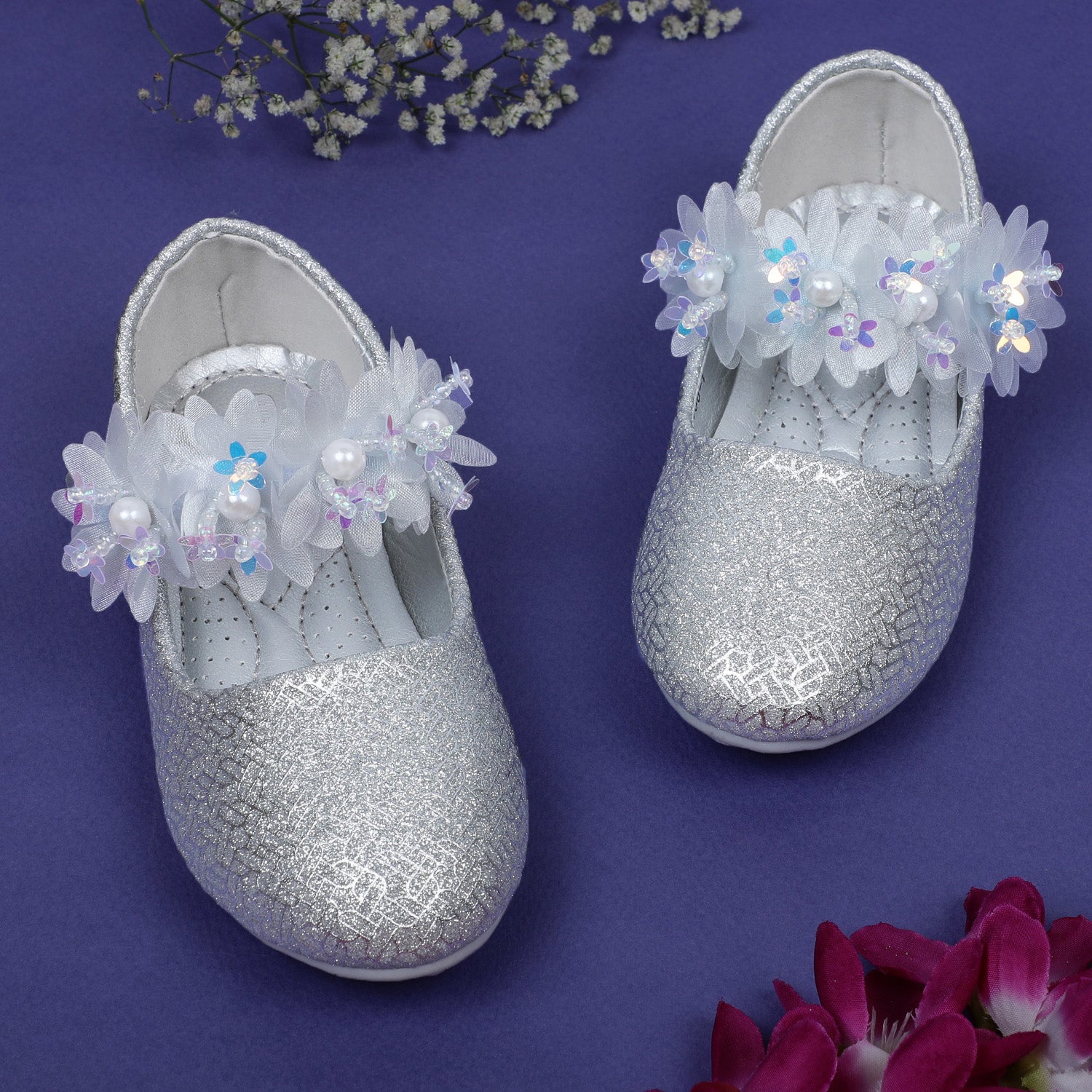 Baby Moo x Bash Kids Princess Floral Applique Mary Jane Ballerinas - Silver