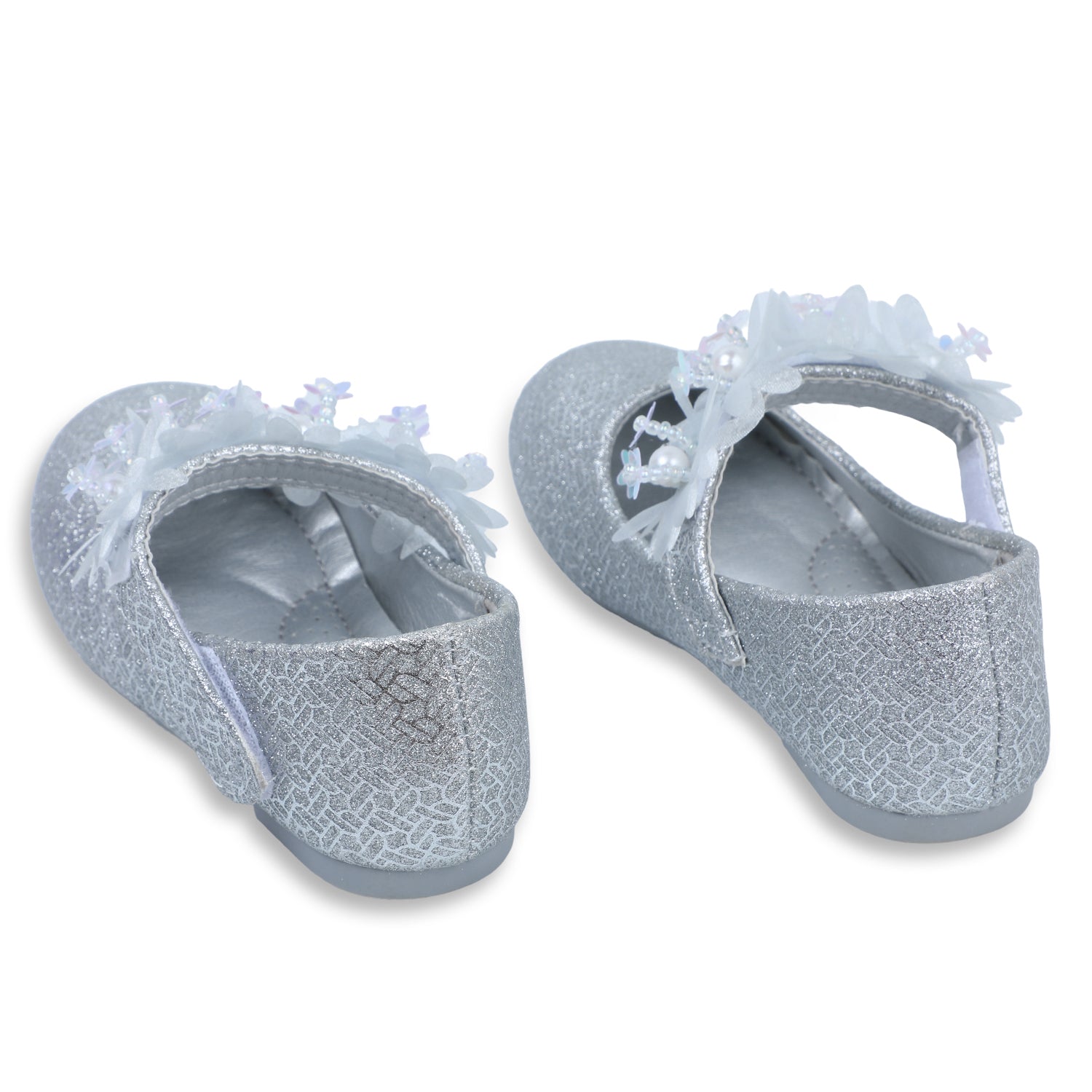 Baby Moo x Bash Kids Princess Floral Applique Mary Jane Ballerinas - Silver