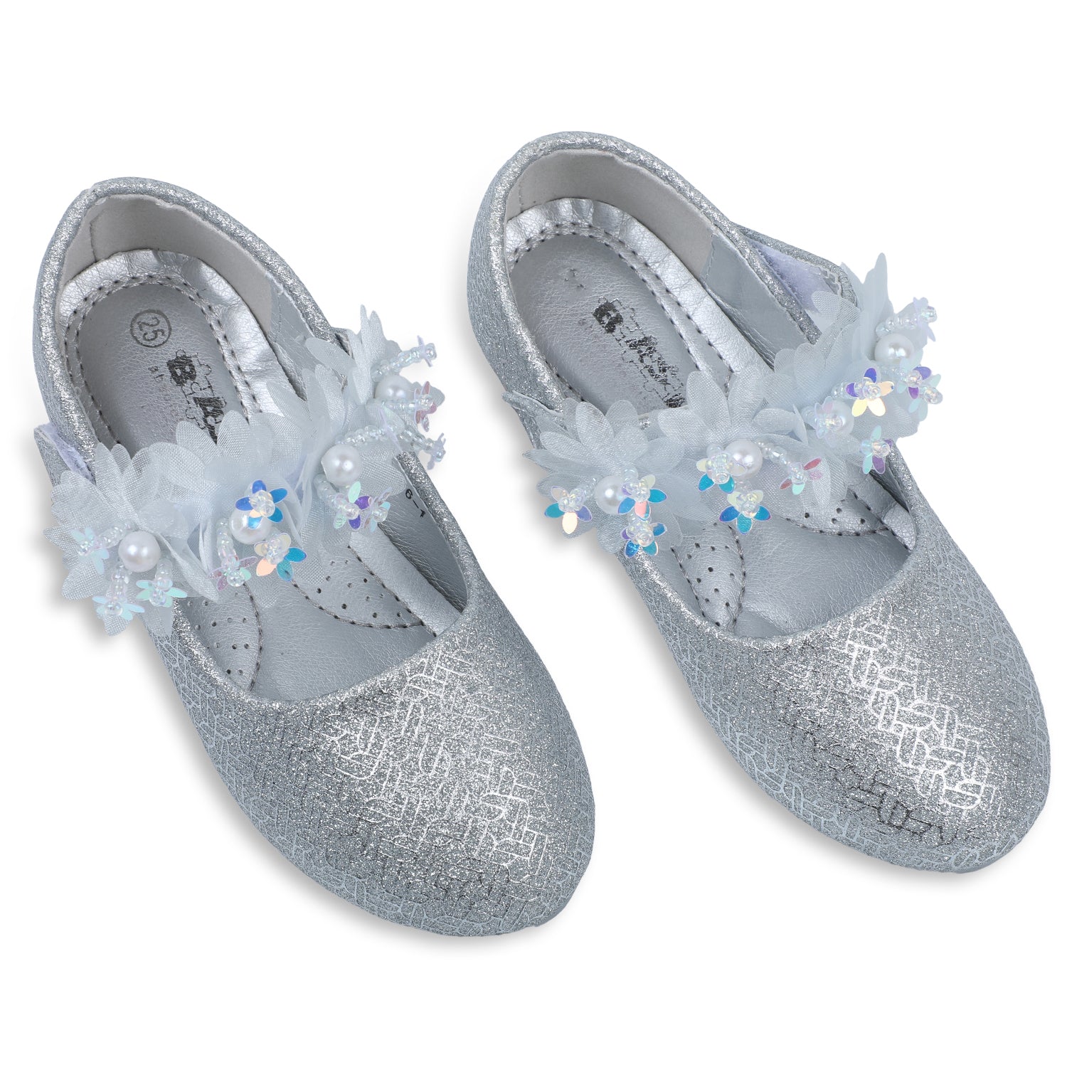 Baby Moo x Bash Kids Princess Floral Applique Mary Jane Ballerinas - Silver