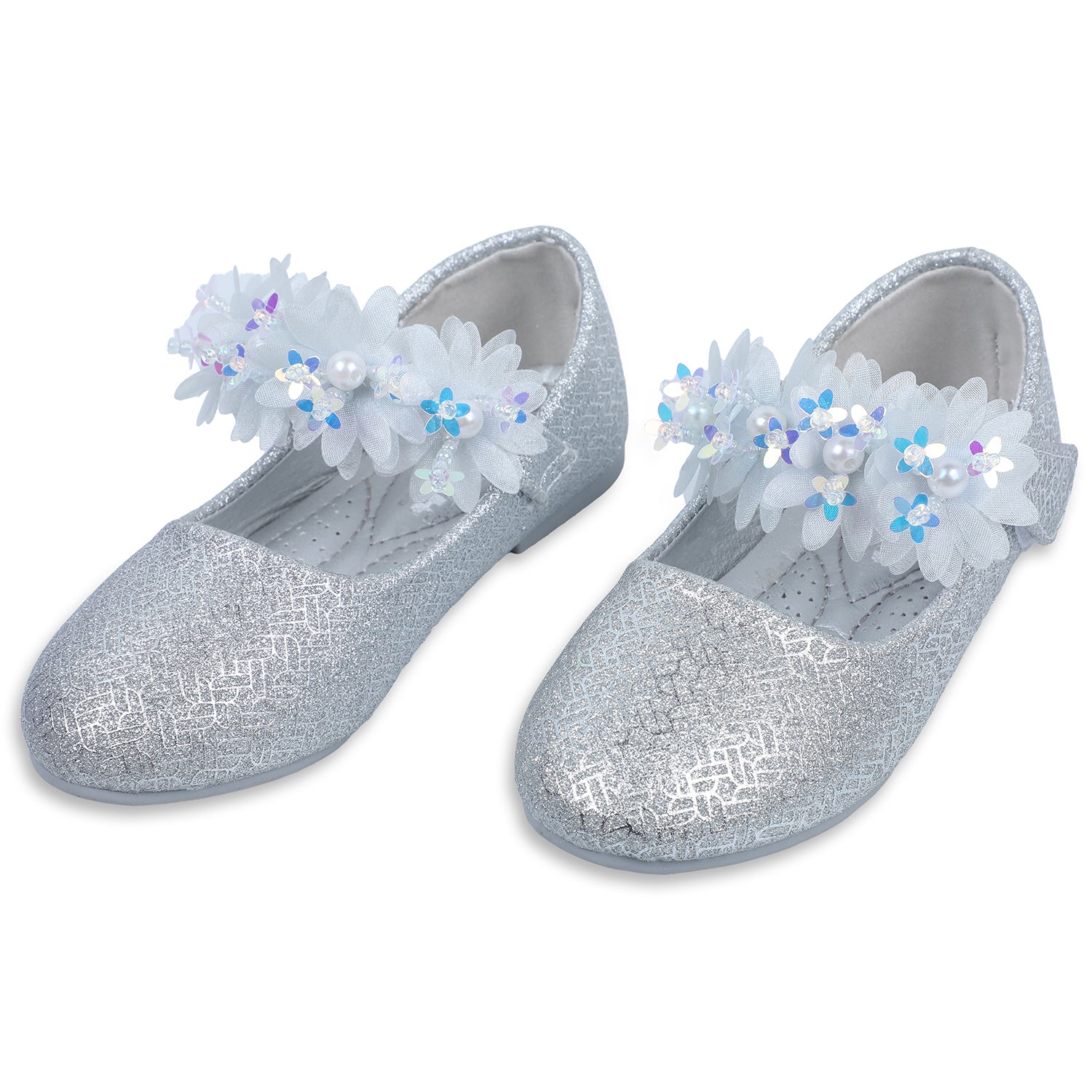 Baby Moo x Bash Kids Princess Floral Applique Mary Jane Ballerinas - Silver