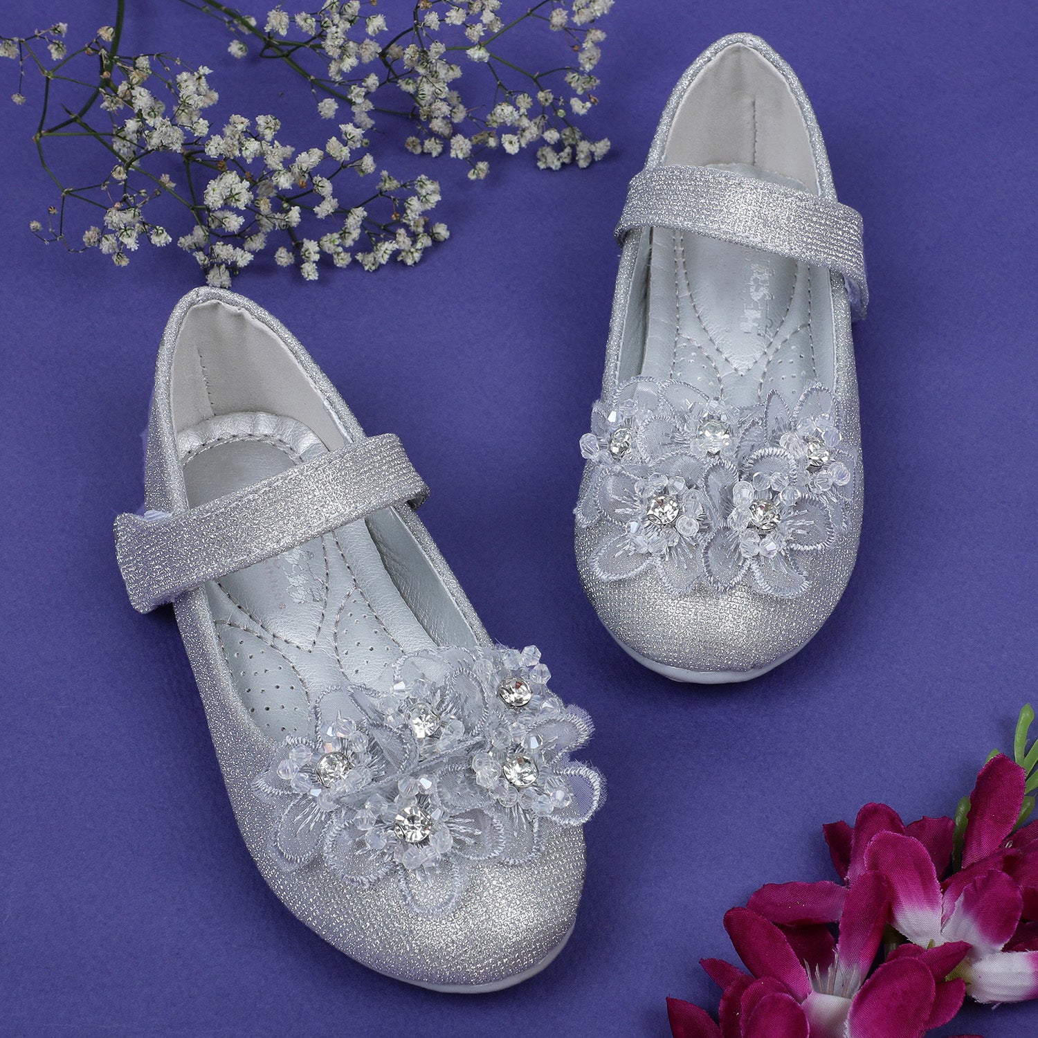 Baby Moo x Bash Kids Floral Embroidered Party Mary Jane Ballerinas - Silver