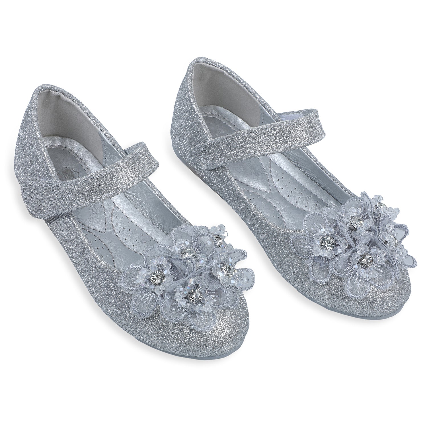 Baby Moo x Bash Kids Floral Embroidered Party Mary Jane Ballerinas - Silver