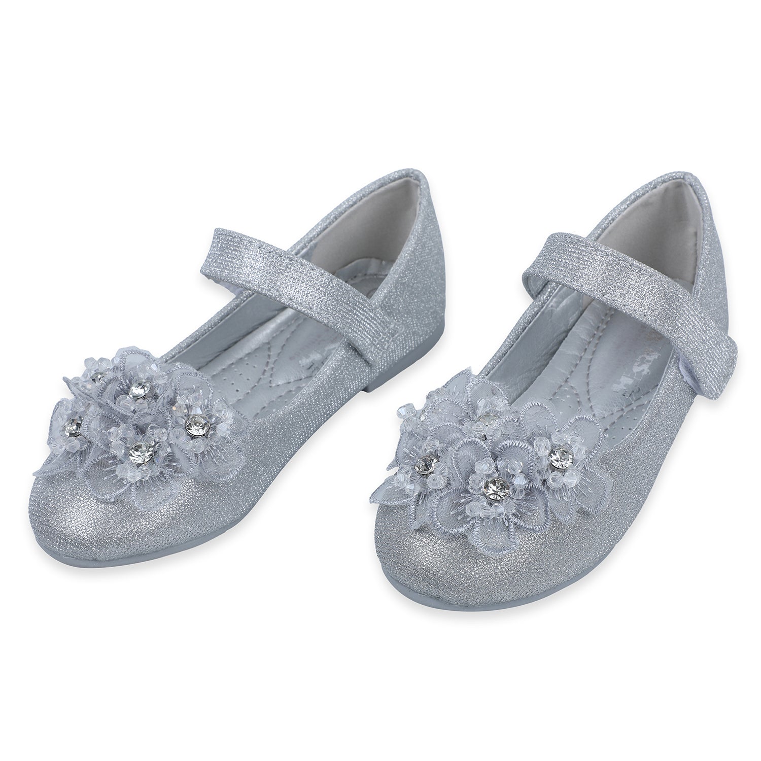 Baby Moo x Bash Kids Floral Embroidered Party Mary Jane Ballerinas - Silver