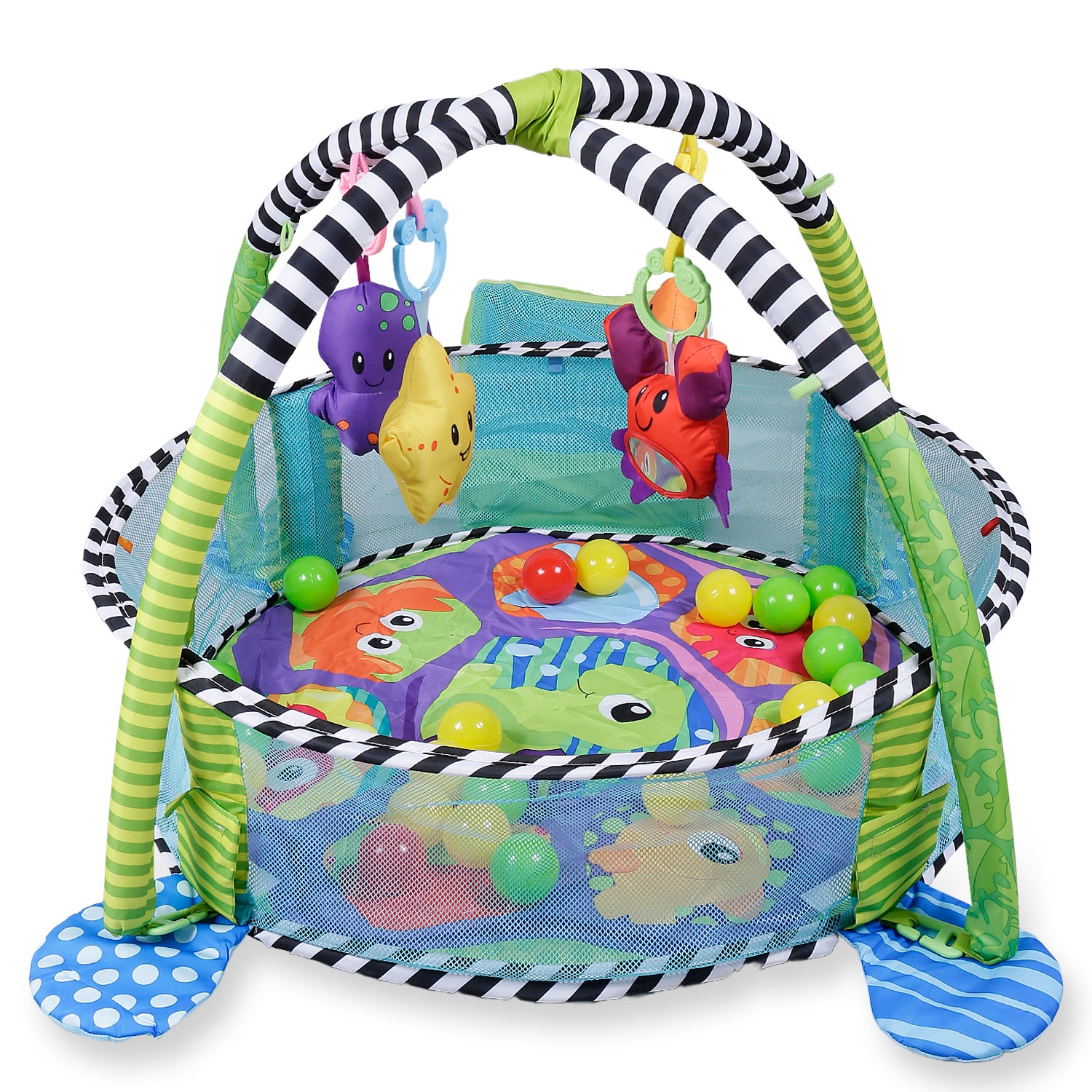 Turtle Infant Play Mat Activity Gym With Hanging Toys And Balls - Green