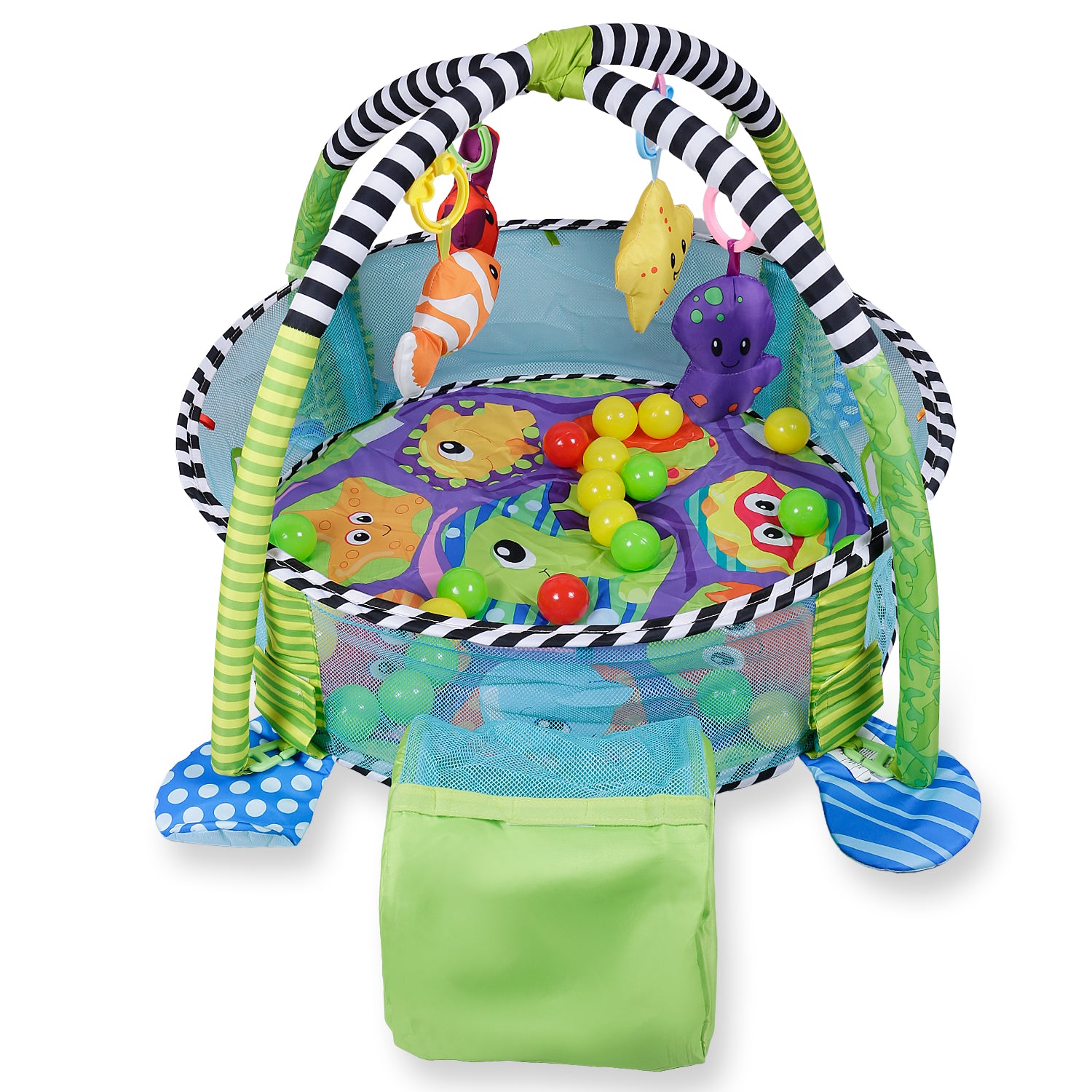 Turtle Infant Play Mat Activity Gym With Hanging Toys And Balls - Green